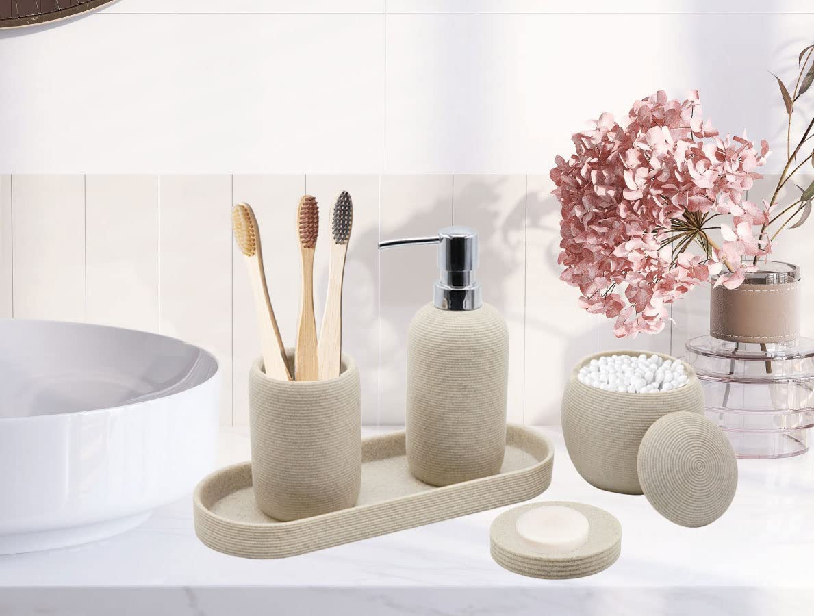 Beige Resin Bathroom Accessory Set, 5 Pcs Bathroom Accessories Set With Lotion Dispenser,Soap Dish,Toothbrush Holder,Vanity Tray