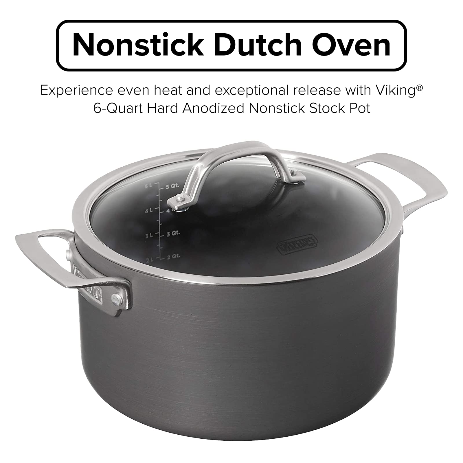 Viking Culinary Hard Anodized Nonstick Dutch Oven, 6 Quart, Includes Glass Lid, Dishwasher, Oven Safe, Works On All Cooktops Inc