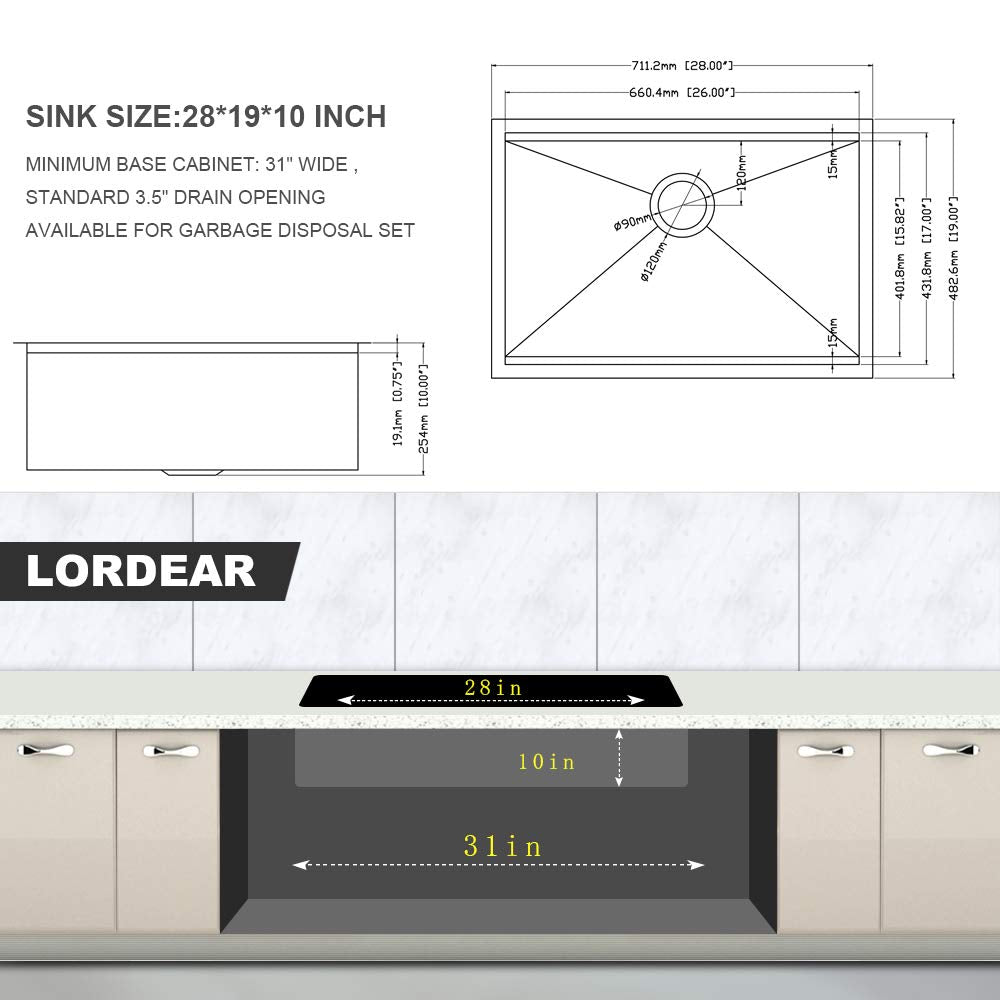 Lordear 28 Undermount Kitchen Sink Stainless Steel 16 Gauge Under Counter Workstation Sink Single Bowl 304 Stainless Steel One B