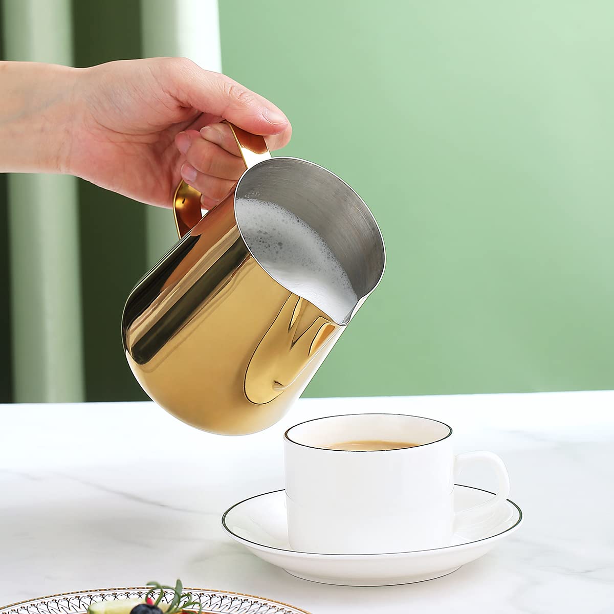 Milk Frothing Pitcher 21oz - 620ml  Kyraton Stainless Steel Espresso Steaming Pitchers with Decorating Pen Milk Coffee Frother Cups Cappuccino Latte Art Barista Steam Pitchers Milk Jug Cup (Gold)