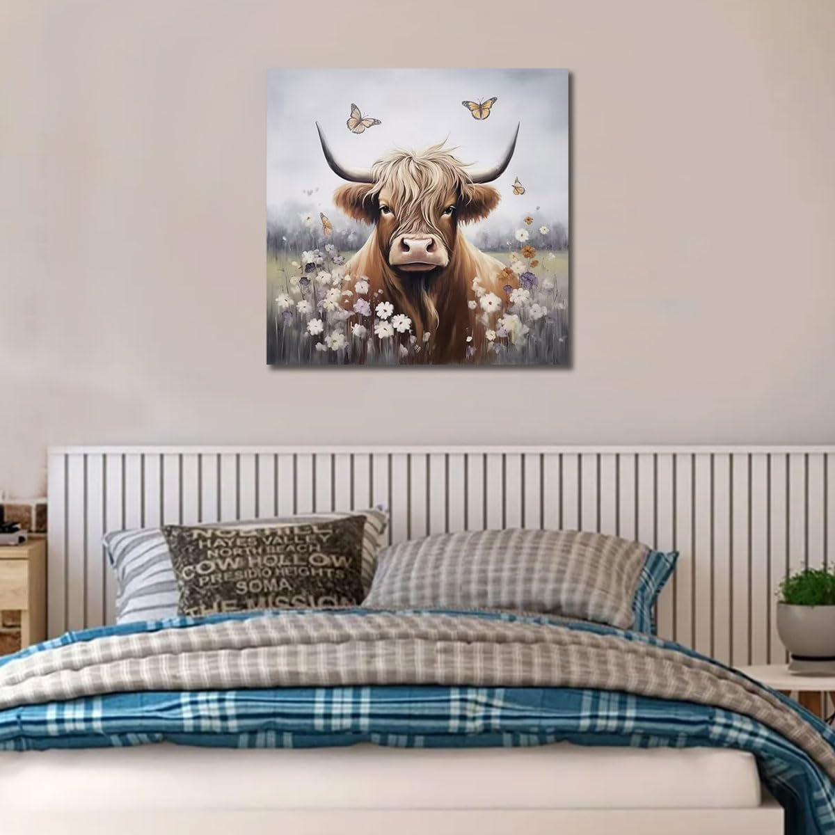 Enartly Bathroom Wall Art Highland Cow Painting Rustic Farmhouse Picture Animal Canvas Print, Nature Flower Landscape Abstract A