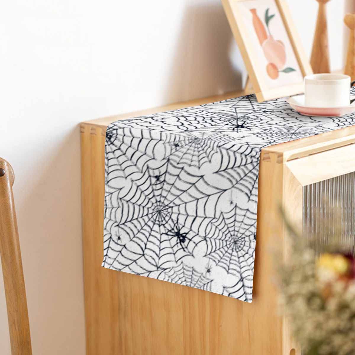 HOSNYE Table Runner Black Spiders on Webs Hand Drawn Cotton Linen Table Runner Decoration for Kitchen Family Dinner Table Holiday Party Farmhouse Style 13 x 72 Inch