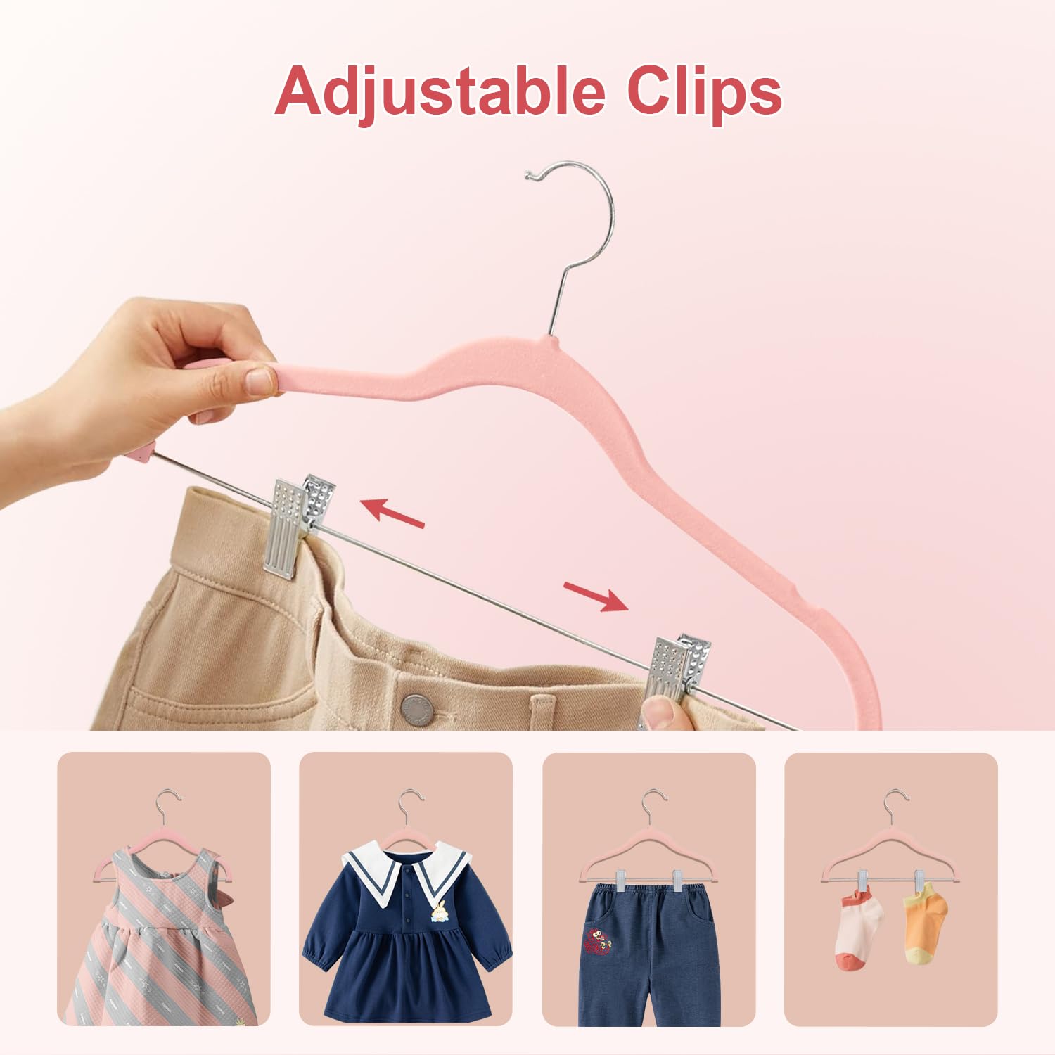 Wellong Baby Clothes Hangers With Clips, 14 Packs Kids Velvet Clothes Hangers, Heavy-Duty Childrens Hangers, Storage Organizer C