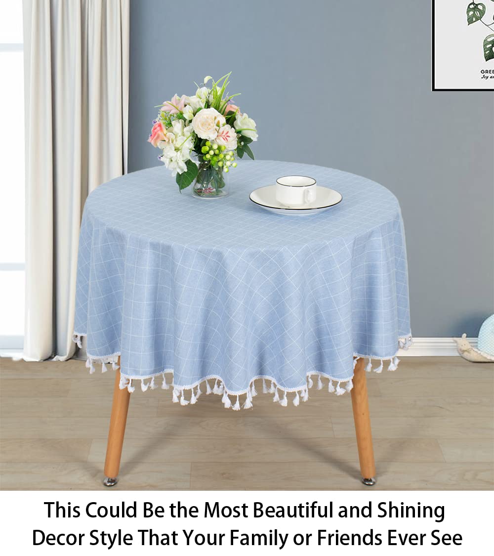 Shinybeauty Round Tablecloth Cotton Linen Tablecloth Sky Blue Lattice Tablecloth Dust-Proof Tabletop Plaid Check Tablecloth Wrin