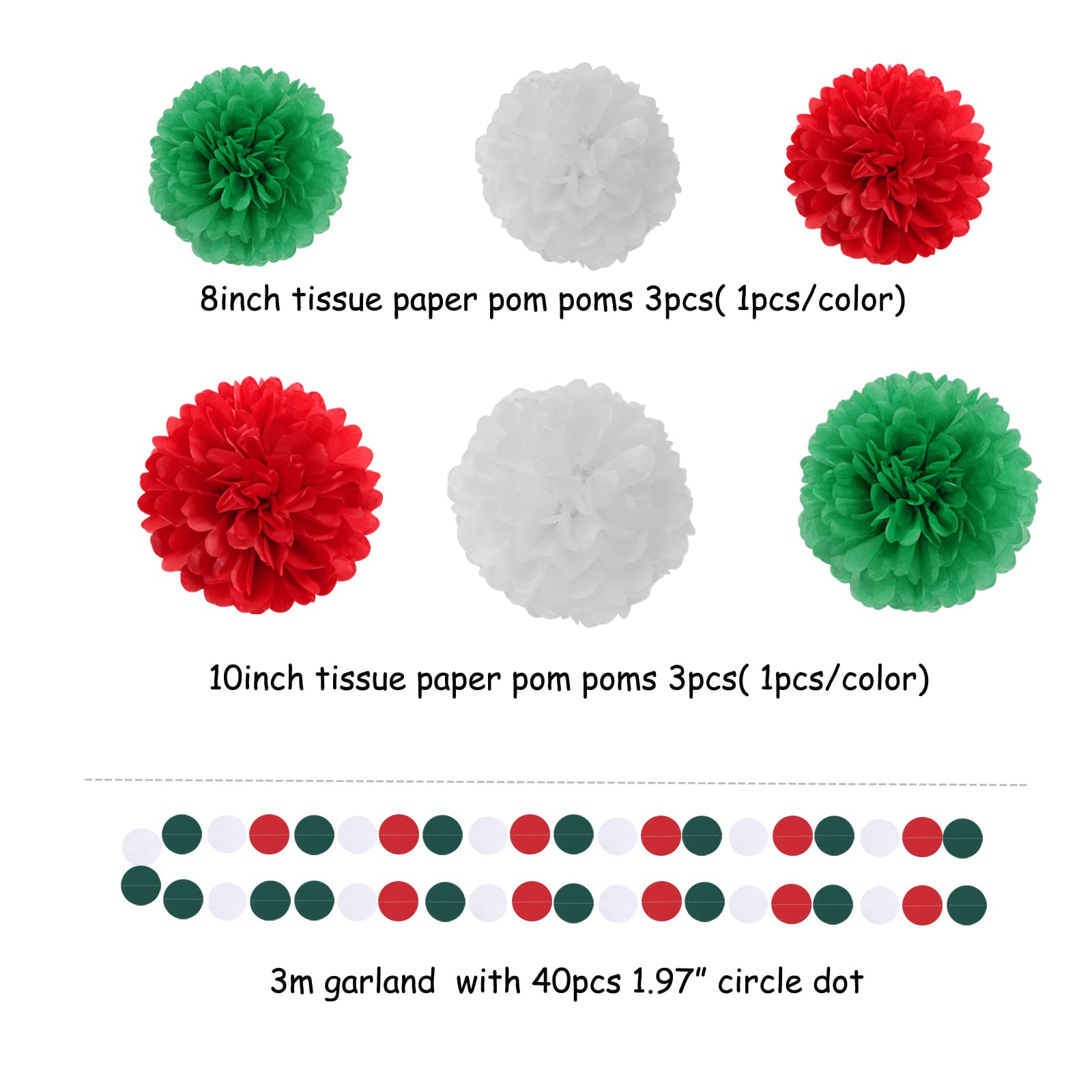 Red-Green White Christmas In July Party-Decorations - 23Pcs Mexico Italy Tissue Pom Poms Streamers,Tassel Garland Banner,Mexican