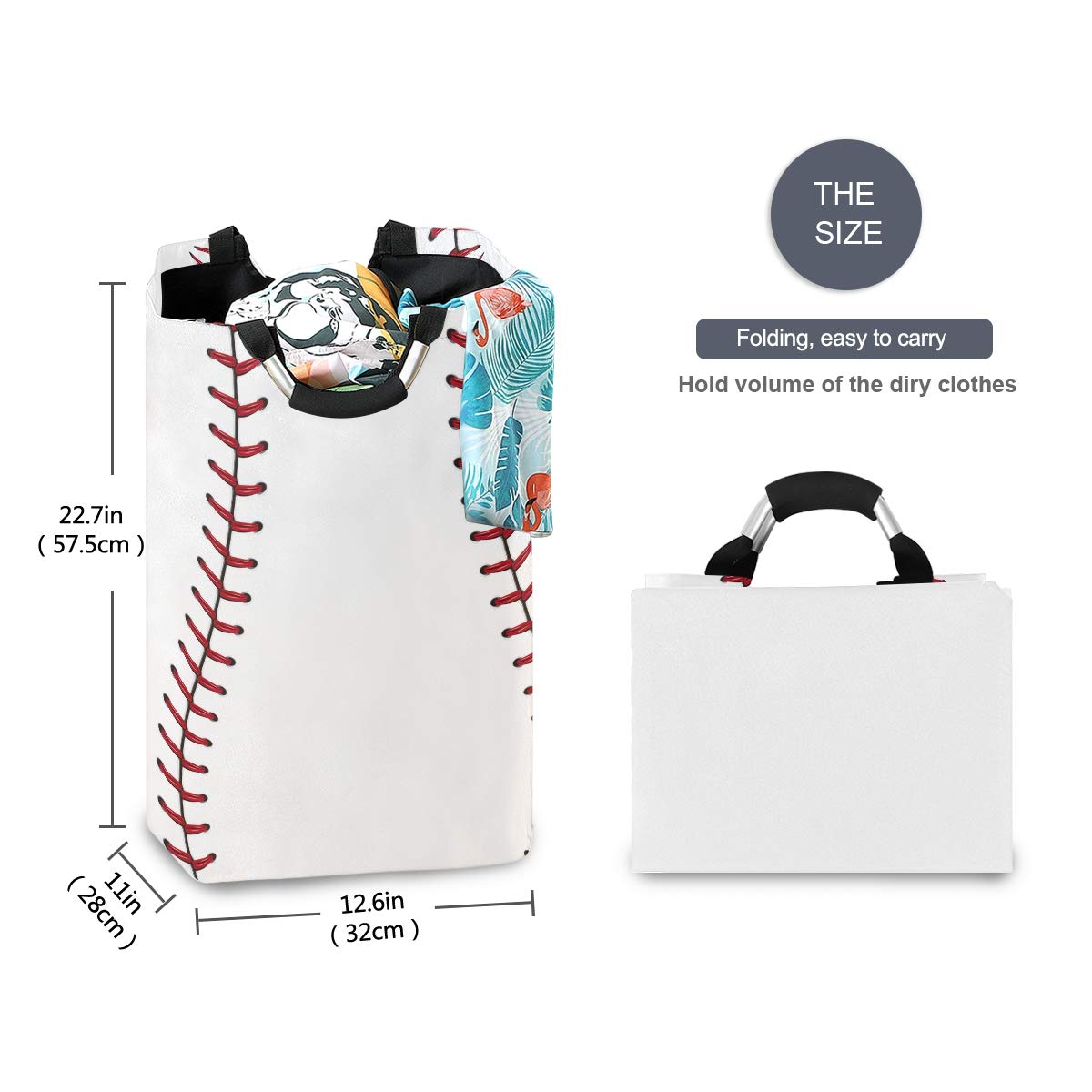 22.7''(H) Collapsible Laundry Hamper Baseball Print Laundry Basket Organizer Large With Handle Foldable Clothes Hamper