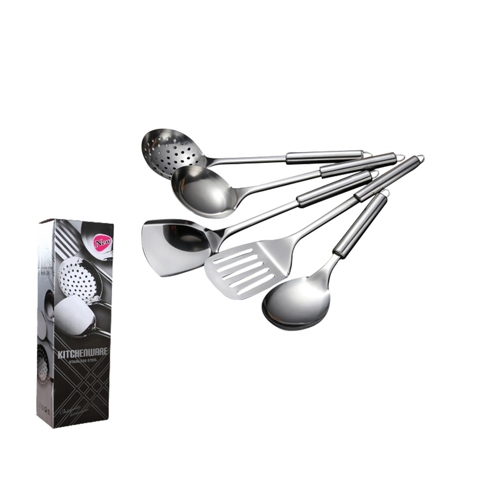 Ragyzity Stainless Steel 5-Piece Utensil Set, 5-Pieces All Metal Long Handle Cooking Tools, Heat Resistant Kitchen Gadgets Utens