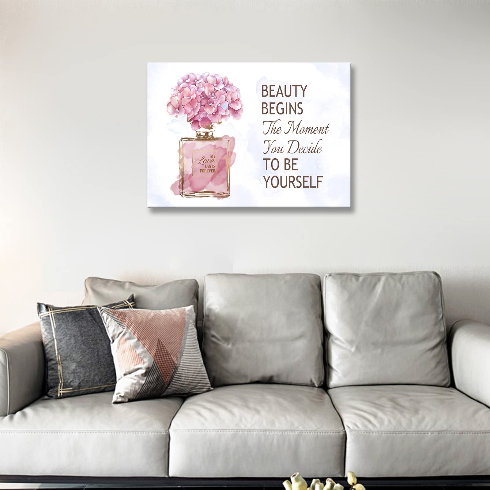arteWOODS Fashioner Perfume Canvas Wall Art Gold Bottle Pink Flower Canvas Pictures Brown Inspirational Words Canvas Prints Motivational Quetos Wall Decor for Bathroom Bedroom Powder Room 28'' X 20''