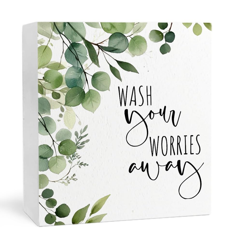 Wash Your Worries Away Funny Bathroom Wooden Box Sign, Eucalyptus Botanical Wood Signs for Restroom Bathroom Toilet Half Bath Sh