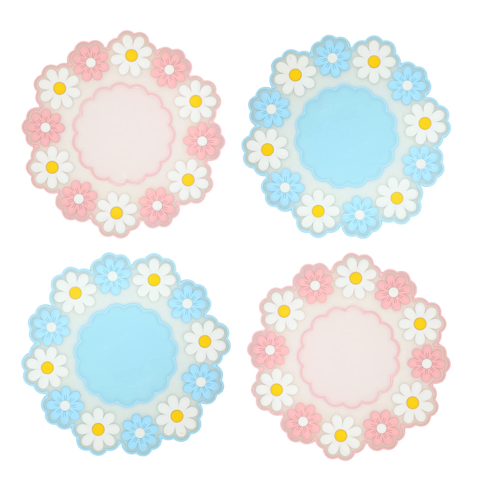 Coasters For Drinks, Cute Coaster For Coffee Table Set Of 4 Non-Slip Pvc Silicone Coasters For Tabletop Protection, Daisy Flower