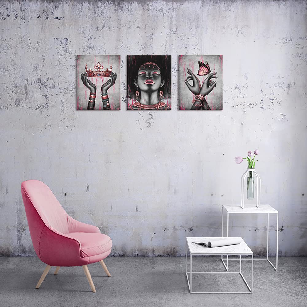 Visual Art Decor African American Canvas Wall Art Black Woman Portrait Fashion Gold Rose Pink Necklace Bracelet Queen Crown Butt