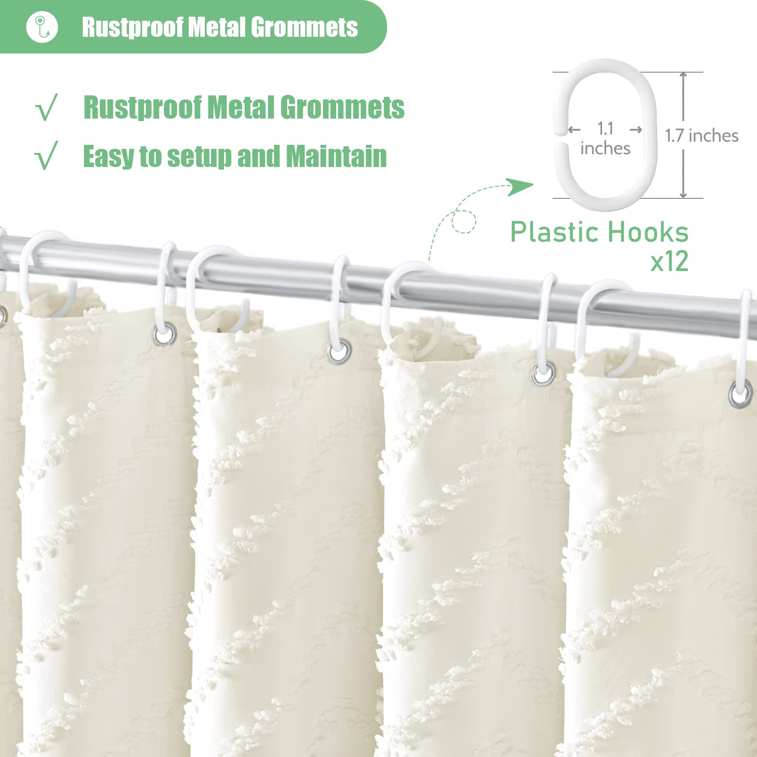 Dynamene Boho Farmhouse Shower Curtain, Cream Fabric Tufted Chevron Striped Textured Tassel Shower Curtains For Bathroom, Water