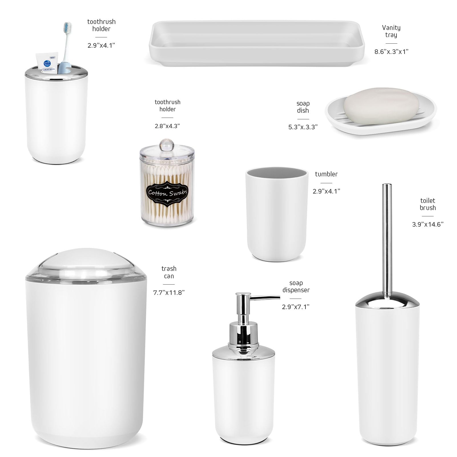 Imavo Bathroom Set - 9 Pcs White Bathroom Accessories Set With Trash Can,Tray,Soap Dispenser,Soap Dish, Toothbrush Holder,Toothb