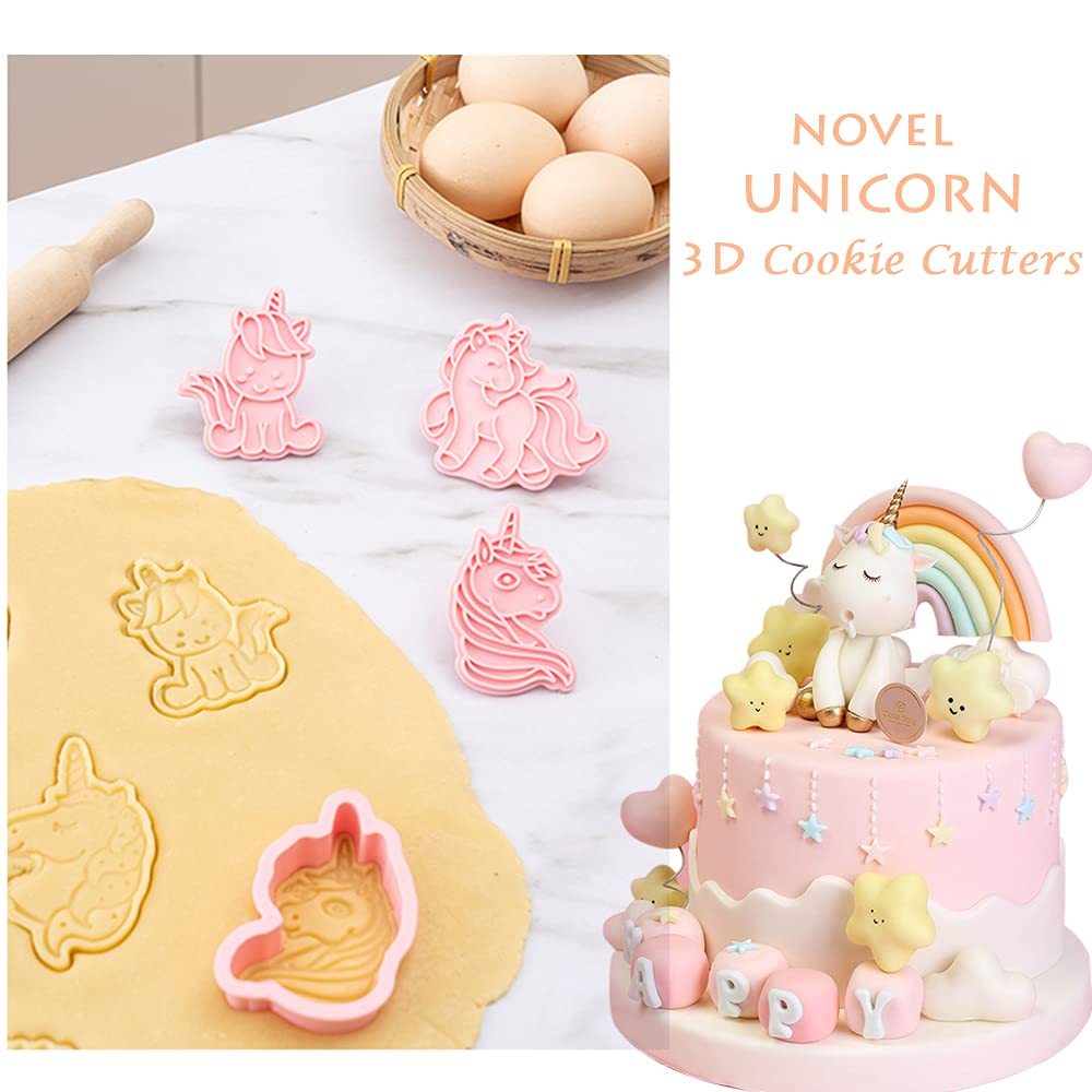 Novel Unicorn Cookie Cutters And Stamper, 6-Style 3D Unicorn Cookie Cutters Set For Kids Birthday Party And Festival (Pack Of 12