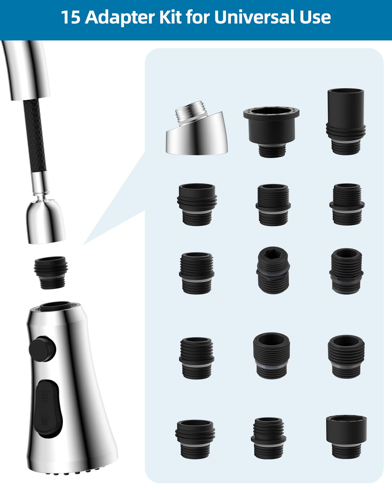 Universal Chrome Faucet Head Replacement With 15 Adapters Compatible With Moen Delta Faucet Head, 3 Function Pull Down Kitchen S