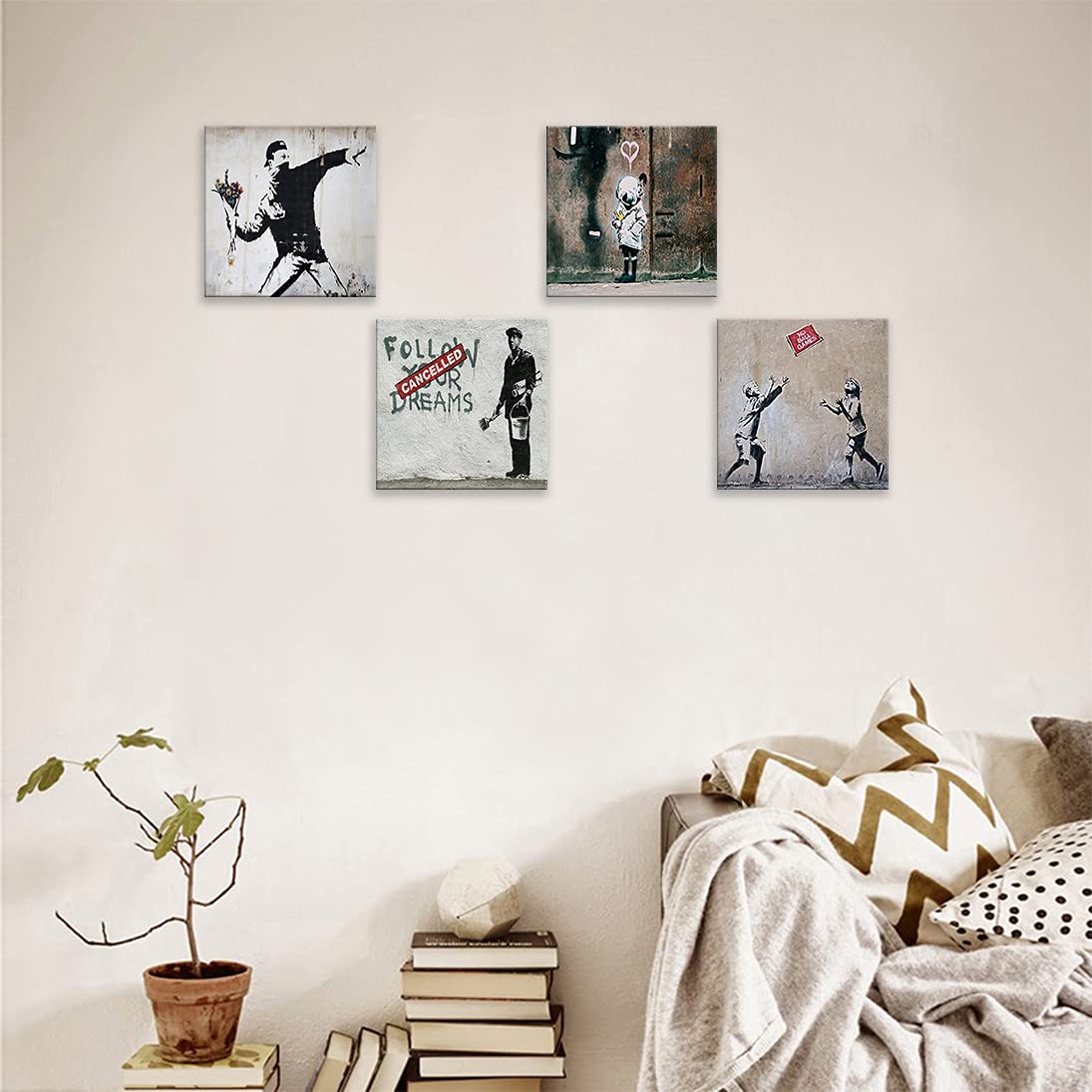 Cortolar Banksy Canvas Wall Art Graffiti Print Picture Abstract Painting For Bedroom Living Room Bathroom Wall Decor (12''X12''X