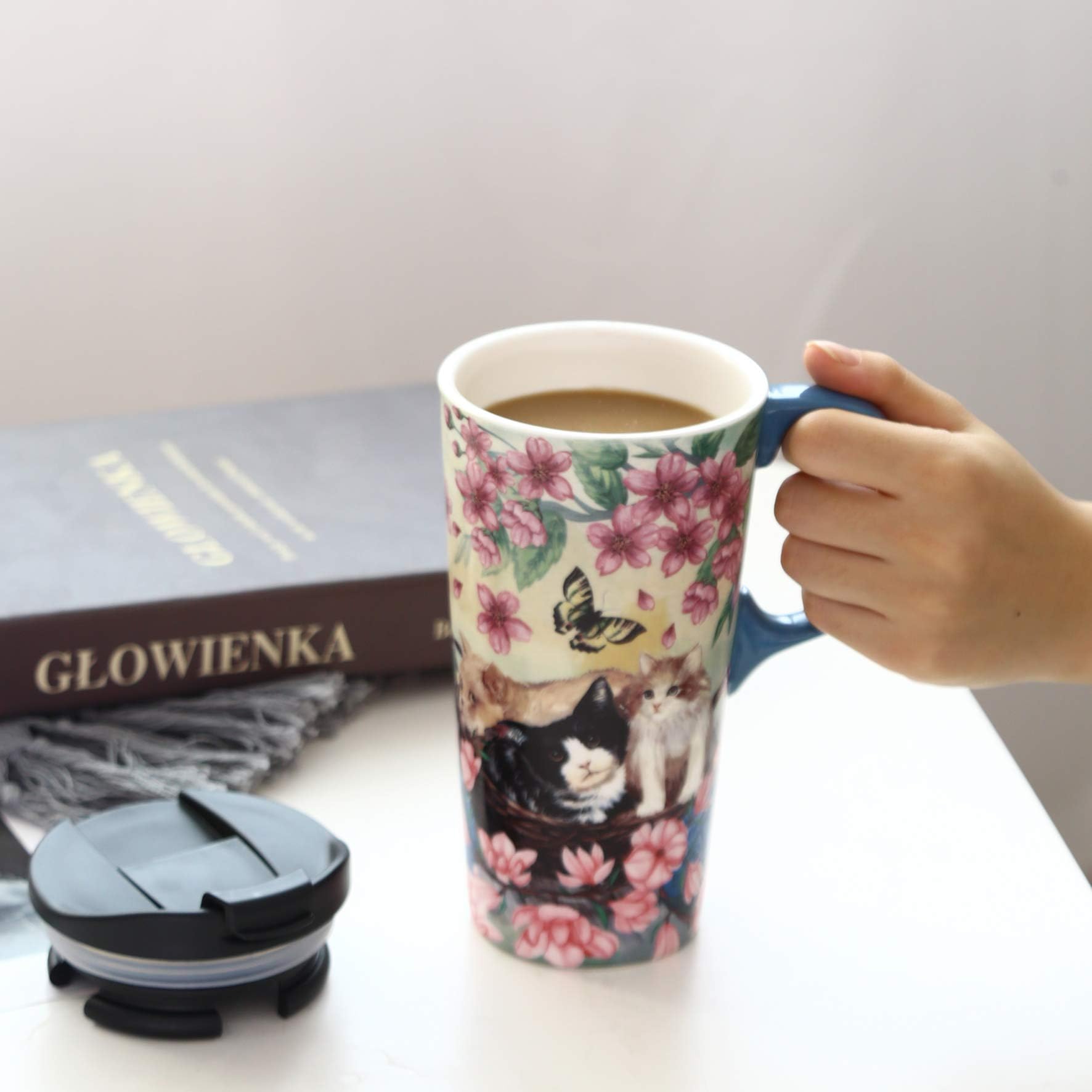 Tzssp Coffee Ceramic Mug Travel Mug Porcelain Latte Tea Cup With Lid 17Oz,Novelty Coffee Mugs For Office & Home Flower And Cat