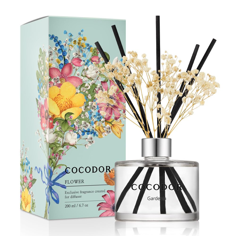 COCODOR Flower Reed Diffuser Set / 6.7oz / Gardenia/Scent Diffuser with Sticks Home Fragrance Reed Diffuser for Bathroom Shelf D