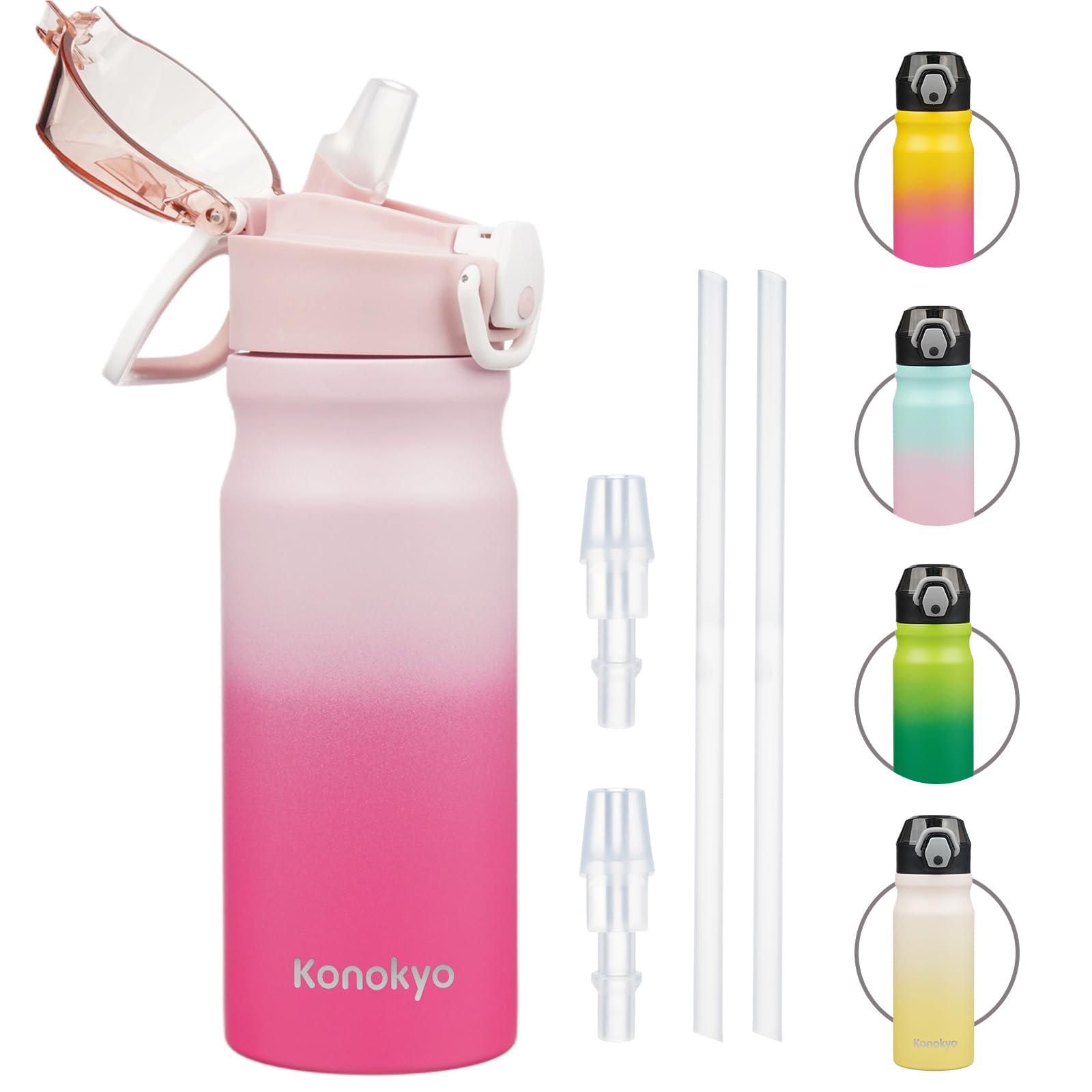 Konokyo Insulated Water Bottle with Straw and Carry Loop,18 oz Stainless Steel Double Wall Vaccum Metal Water Flask with Leak-pr