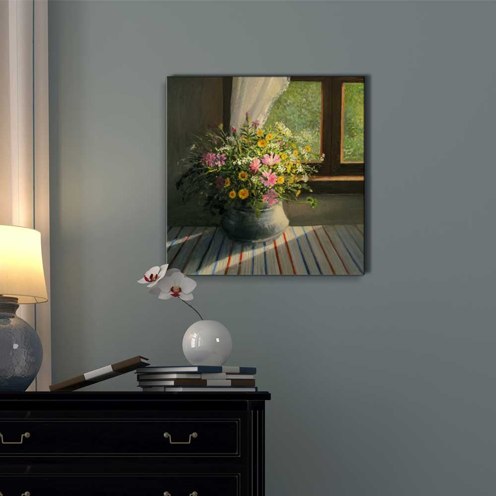 A Bouquet Of Wild Field Flowers Caressed By A Sunbeam Trough The Window In Oil Painting Style - Canvas Art Wall Art - 16'' X 16'