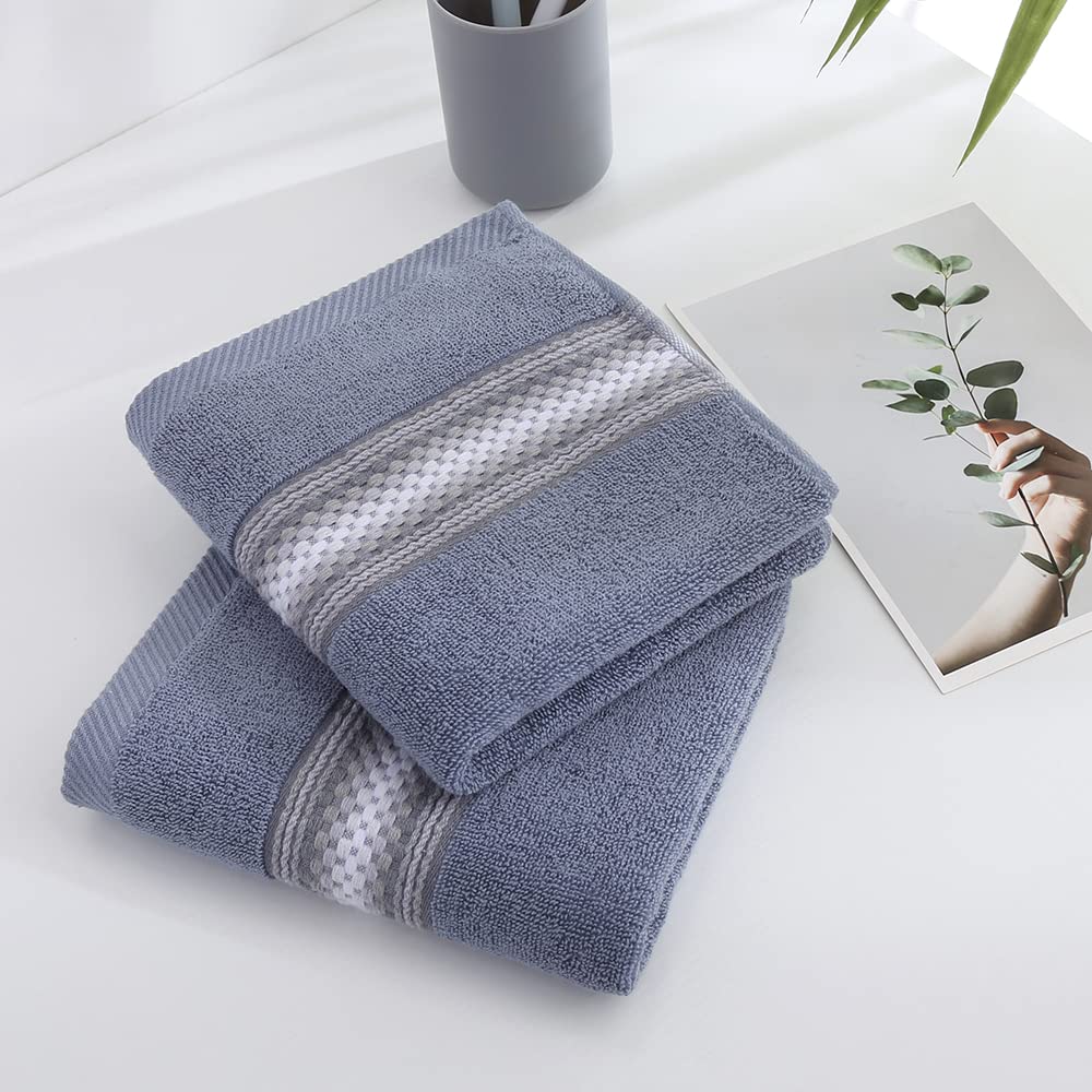 Yiluomo Blue Hand Towel Set Of 2 Soft 100% Cotton Textured Striped Pattern Highly Absorbent Decorative Hand Towels For Bathroom