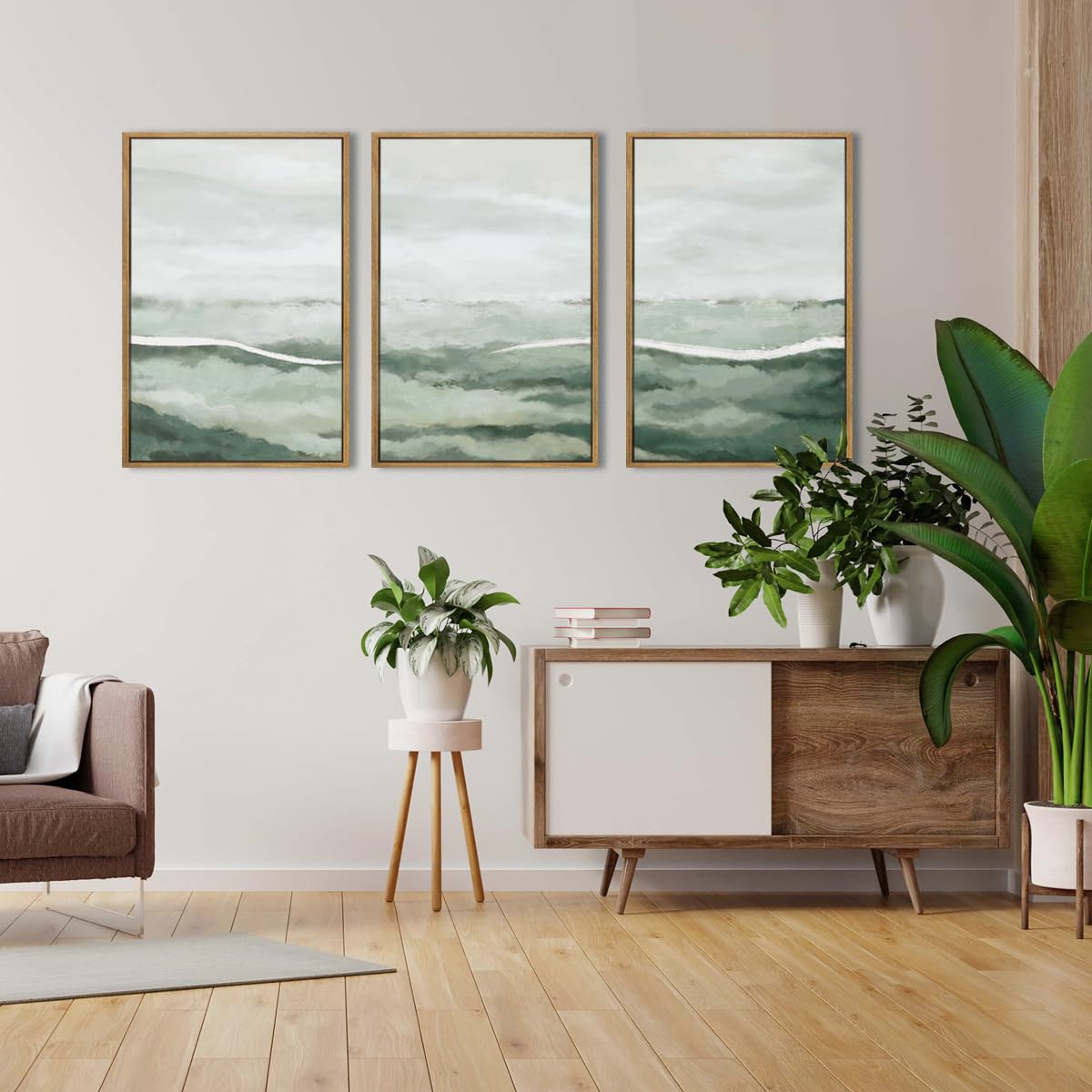 Anhuib Green Wall Art 16X24 Inch Large Canvas Wall Art Abstract Watercolor Wall Decor Misty Landscape Art Prints Framed Neutral