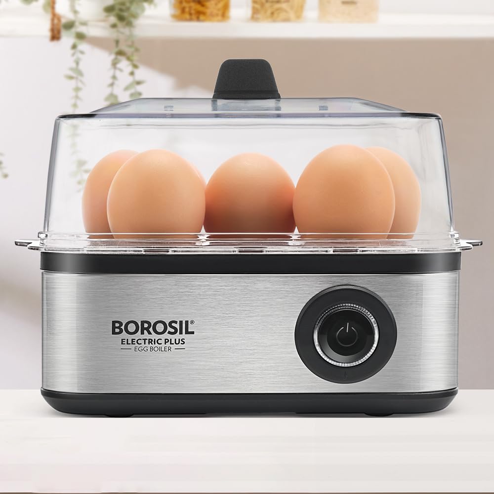 Borosil Electric Plus Egg Boiler, Boil Upto 8 Eggs At A Time, For Hard, Soft, Medium Boiled Eggs, Steamed Vegetables, Transparen