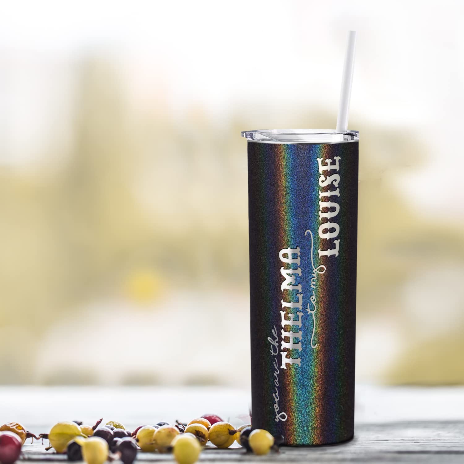 Cuptify You Are The Thelma To My Louise Skinny Tumbler With Lid And Straw Laser Engraved On Black Glitter 20 Oz Vacuum Insulated
