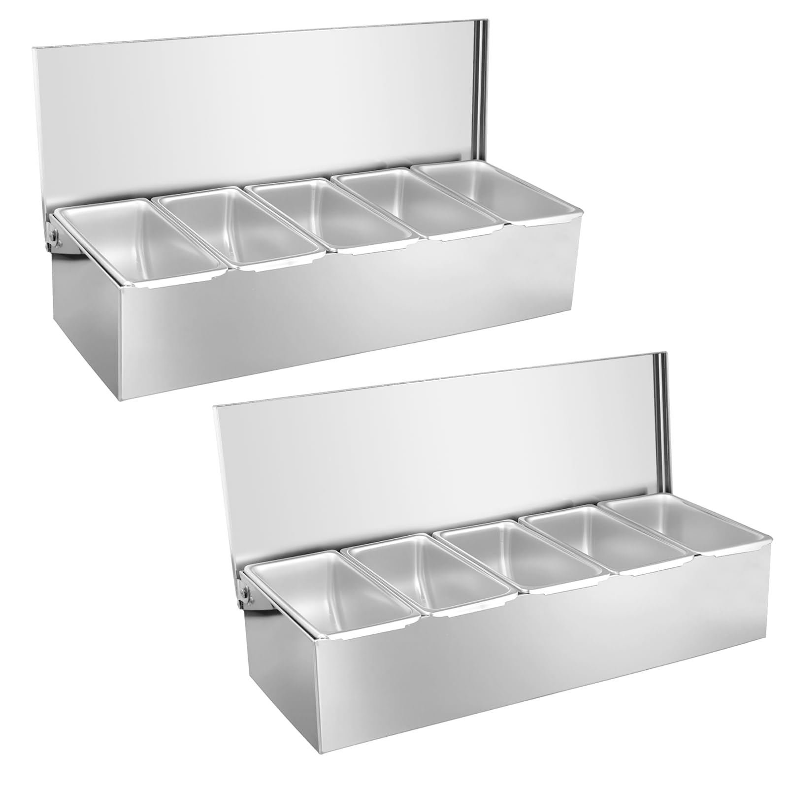 SINJEUN 2 Pack Pizza Topping Station with Lid and 5 Removable Containers, Stainless Steel Condiment Stations for Cafeteria, Sala