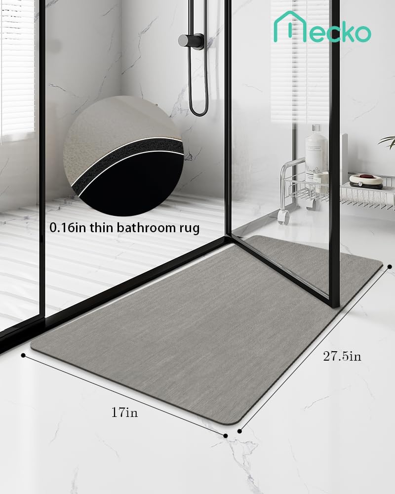 Mecko Bath Mat Rug, Ultra Thin Bathroom Rug -Rubber Non-Slip Quick Dry Absorbent Bath Mat Fit Under Door, Faux Suede Surface Bat