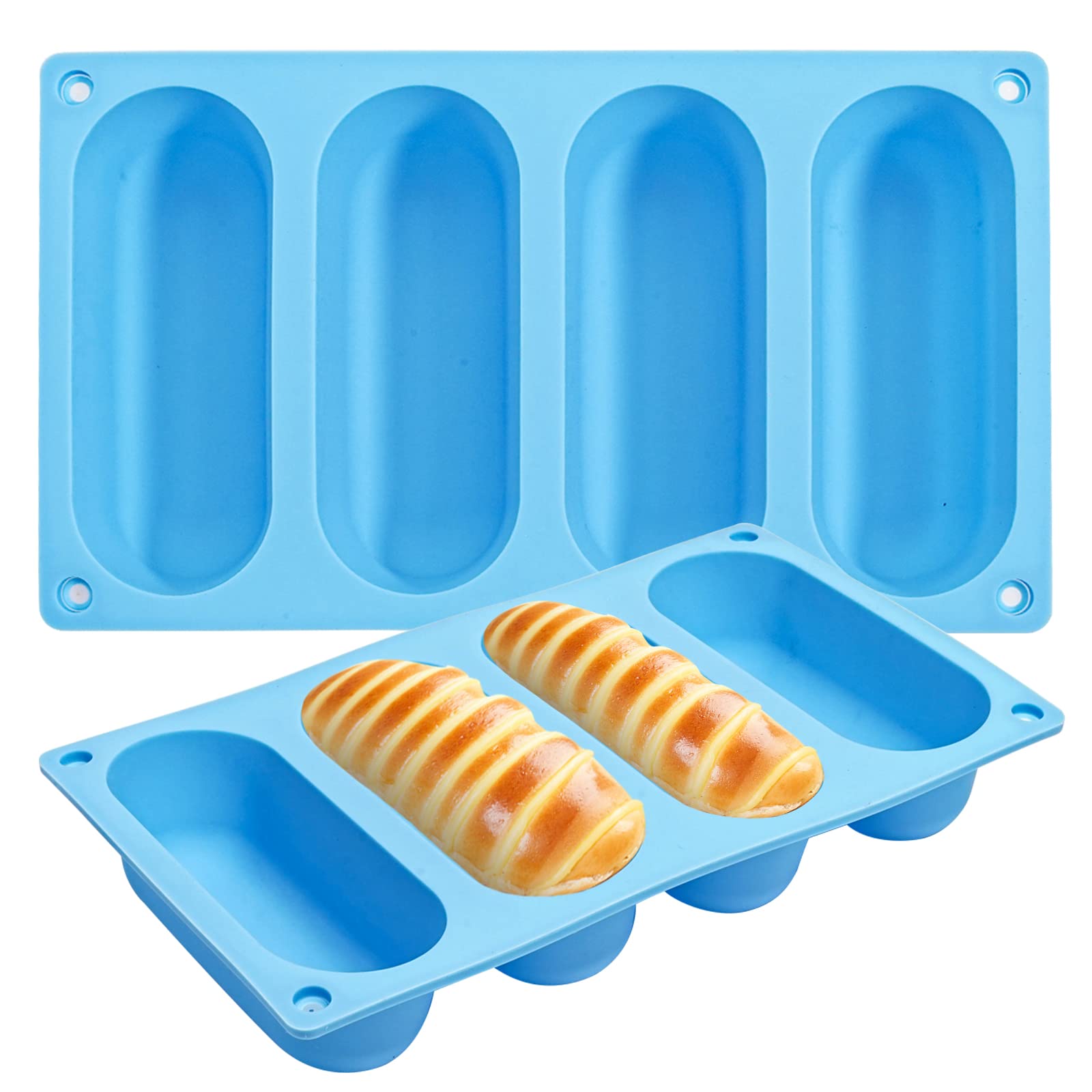 Canipha 2 Pack Hot Dog Bun Pan, Silicone Hot Dog Bun Molds Sausage Mold Nonstick & Heat Proof Baking Pan Bread Mold For Homemade