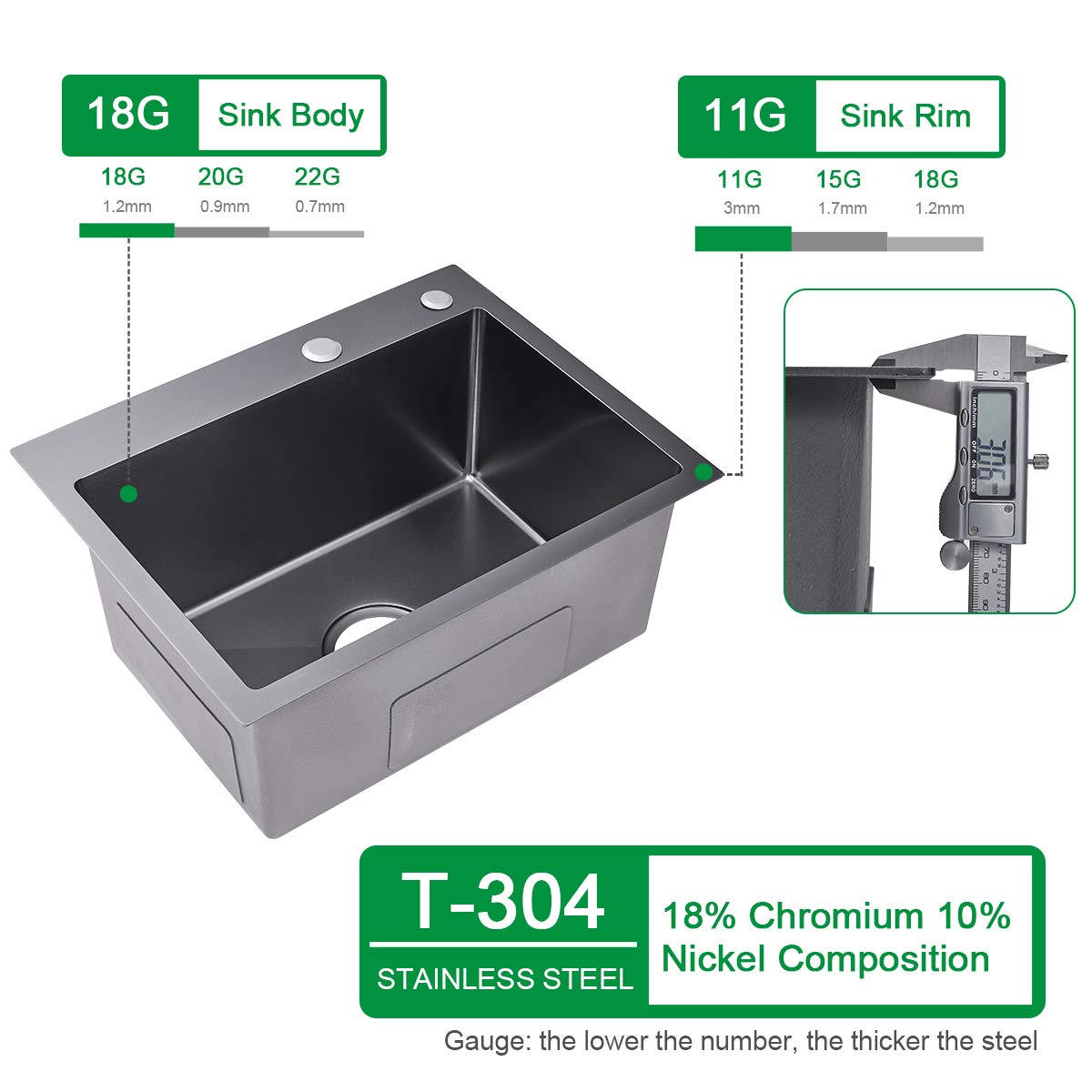Ougoo 25-Inch Black Kitchen Sink, Drop In Kitchen Sinks, 304 Stainless Steel Overmount Handmade Single Bowl Sink With Strainer,
