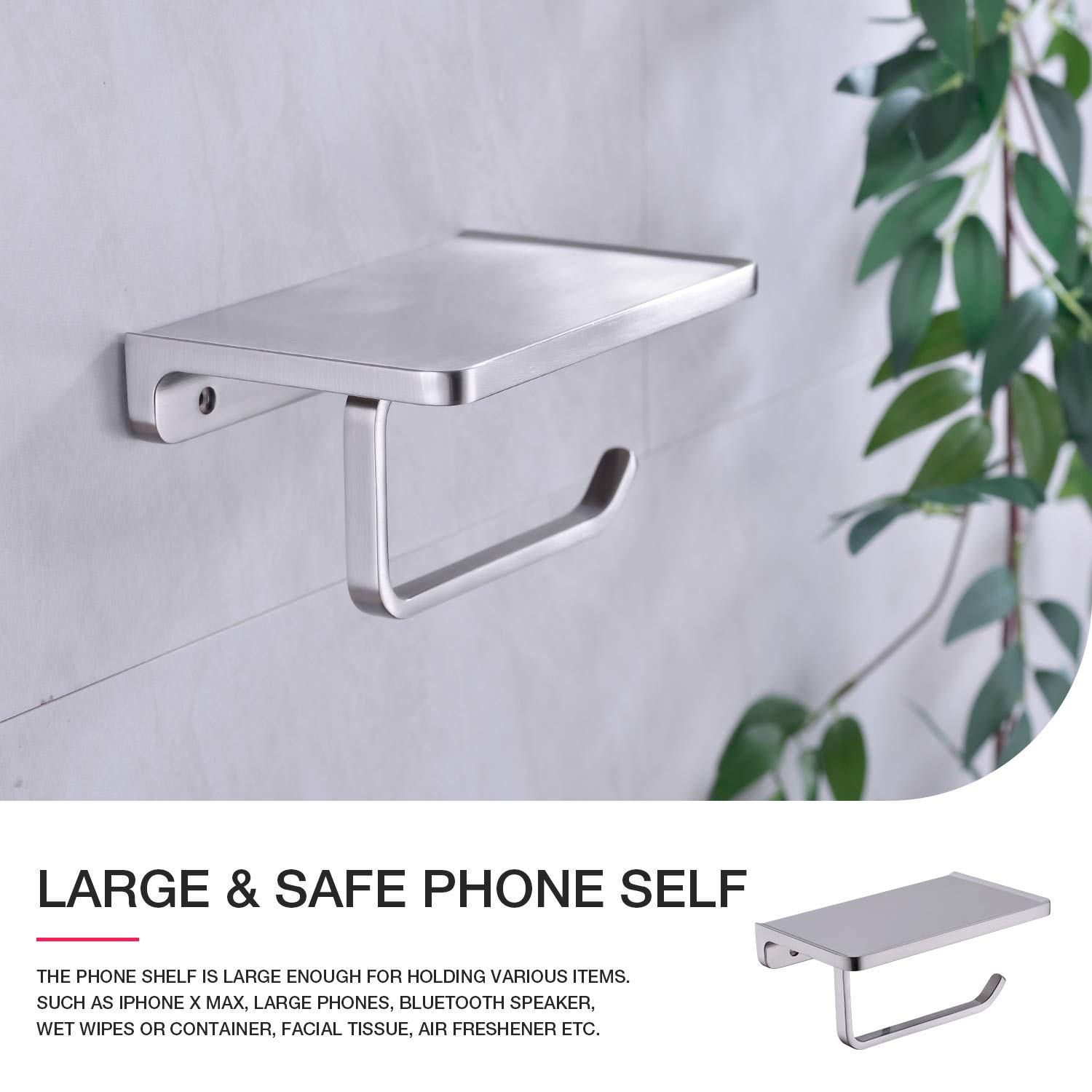 Toilet Paper Holder with Phone Shelf Solid Metal Bathroom Wall Mounted Tissue Roll Dispenser Storage  Brushed Nickel