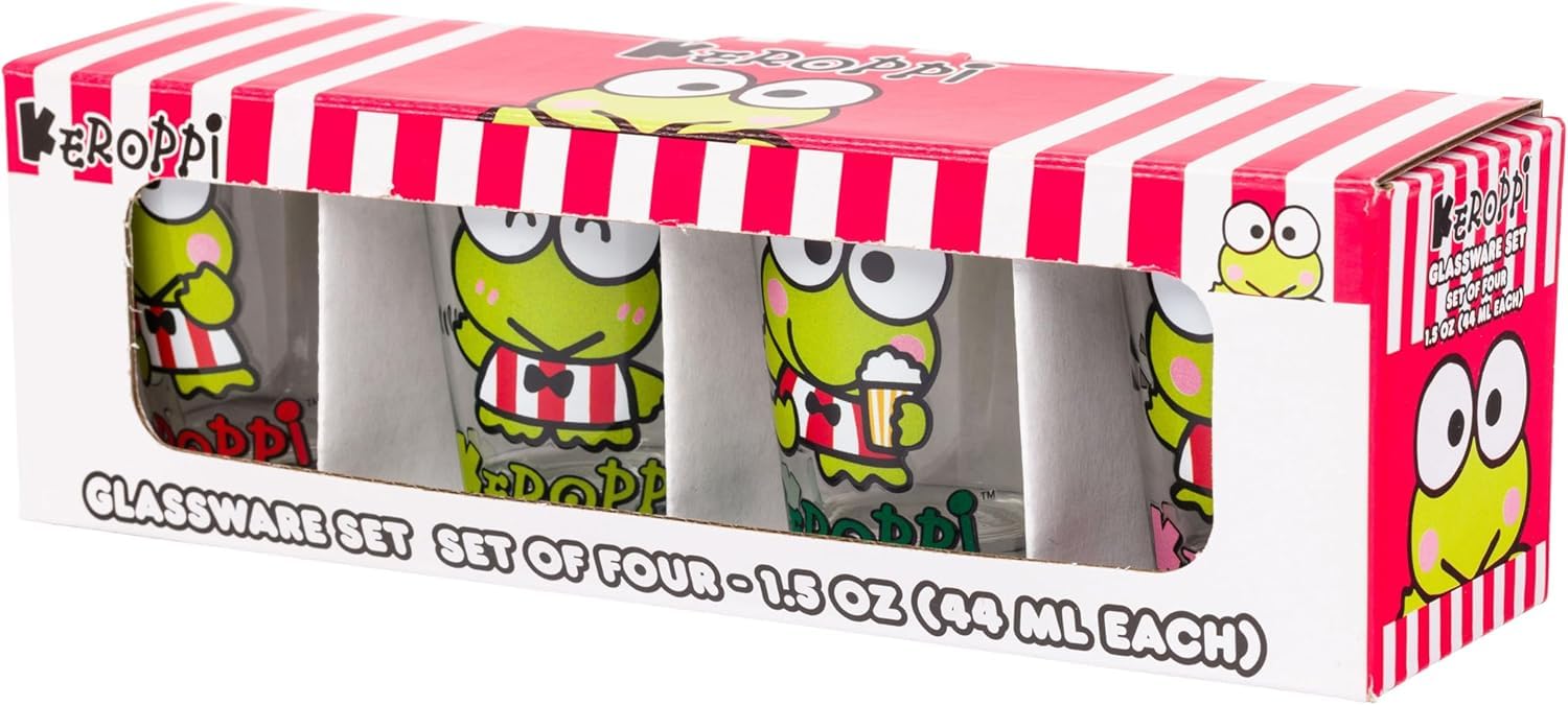 Silver Buffalo Sanrio Hello Kitty And Friends Keroppi Poses 4 Pack Mini Glass Set, 1.5 Ounces