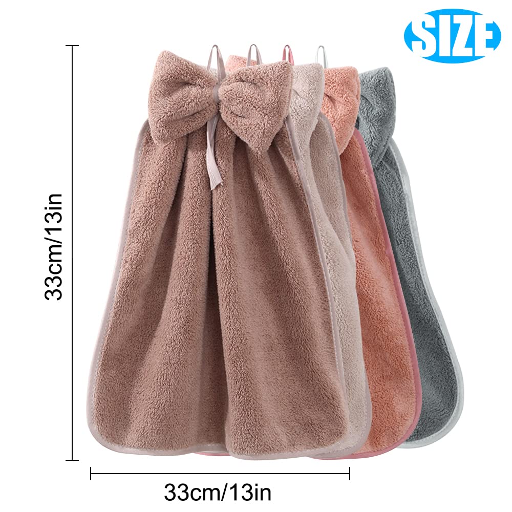 Fhdusryo 4Pcs Bowknot Hanging Hand Dry Towels, Microfiber Coral Velvet Hand Towels Hanging Loop, Absorbent Super Soft Cute Hand