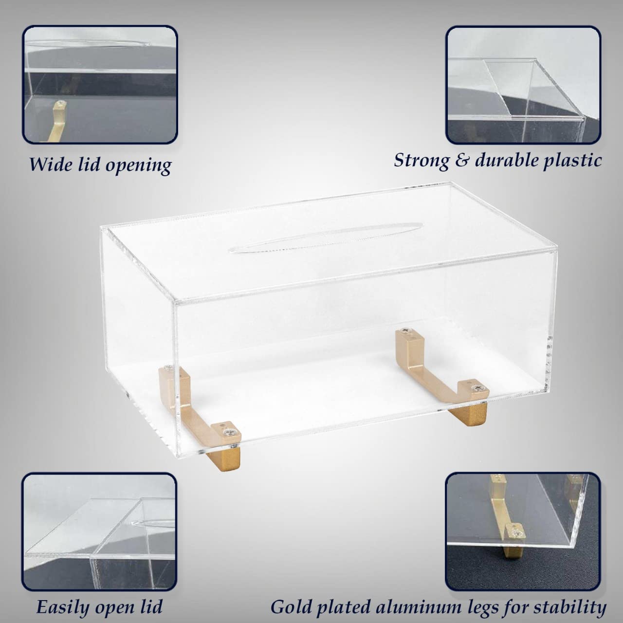Yoba Thick Acrylic Tissue Box Holder Rectangular Clear Tissue Box Dispenser With Gold Plated Aluminum Legs For Bathroom, Kitchen