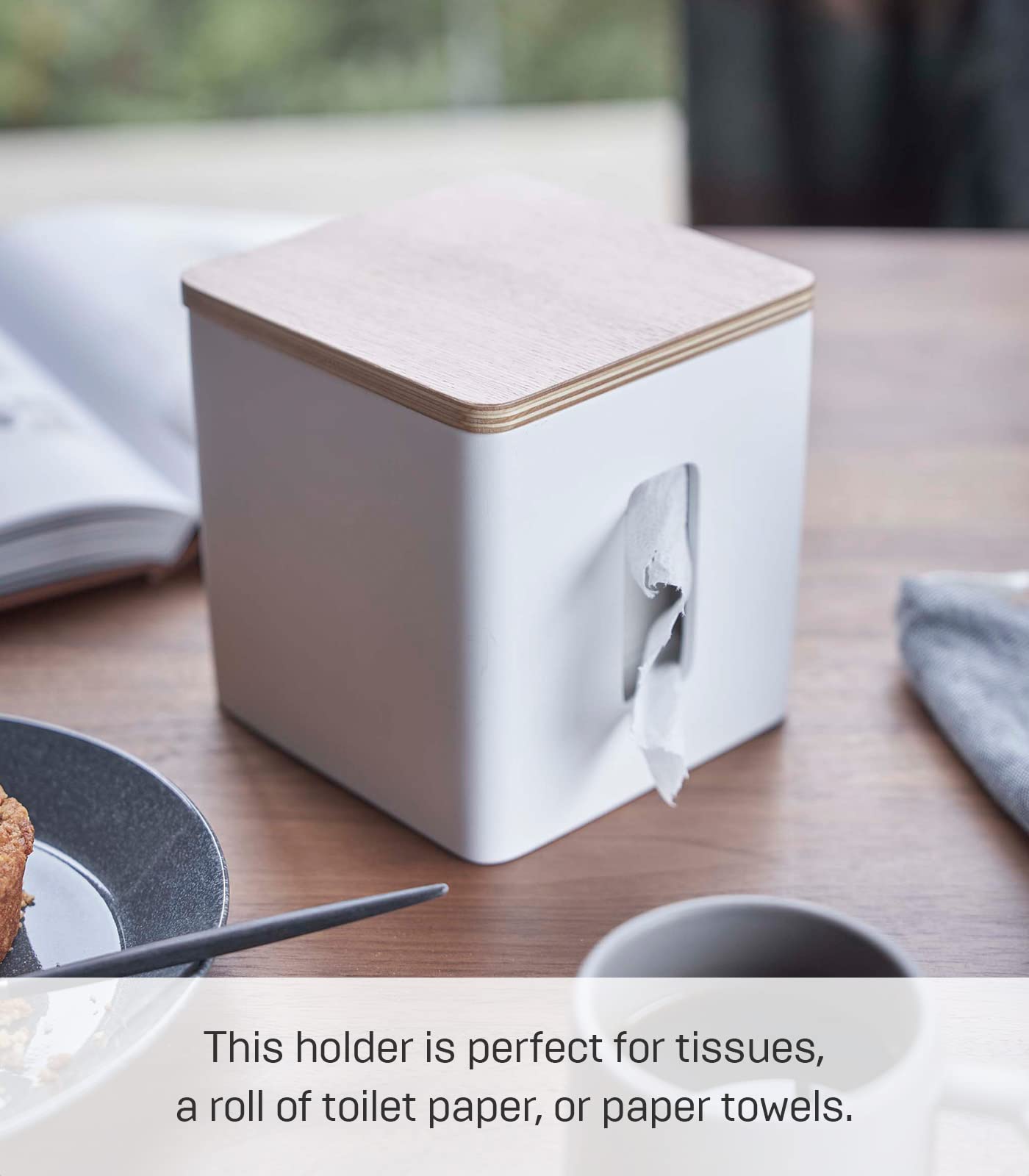 Yamazaki Home Rin Tissue Paper Case with Removable Wooden Lid - Tissue Or Toilet Paper Or Paper Towel Rectangular Storage Holder for Kitchen Bathroom Or Bedroom - Polystone -