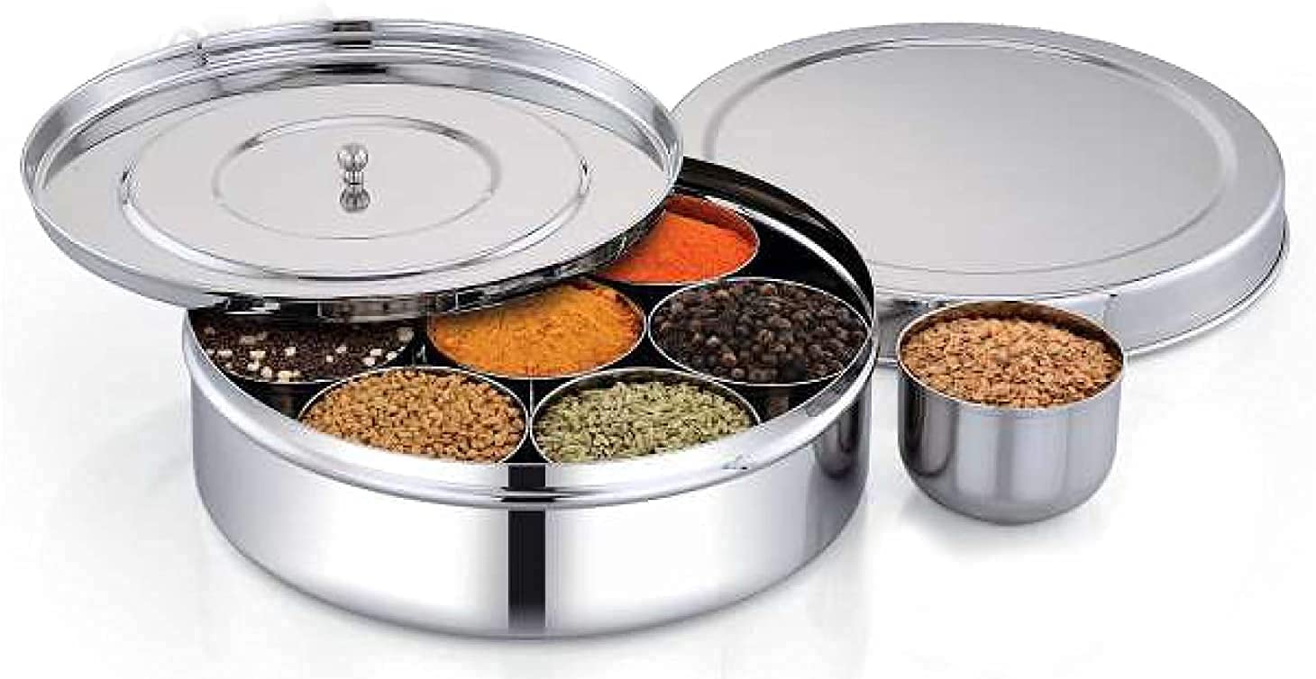 Stainless Steel Round Spices Box Kitchen Masala Dabba - Spice Container - Masala Dabba - 7 Compartments With Spoon (8 Inch)