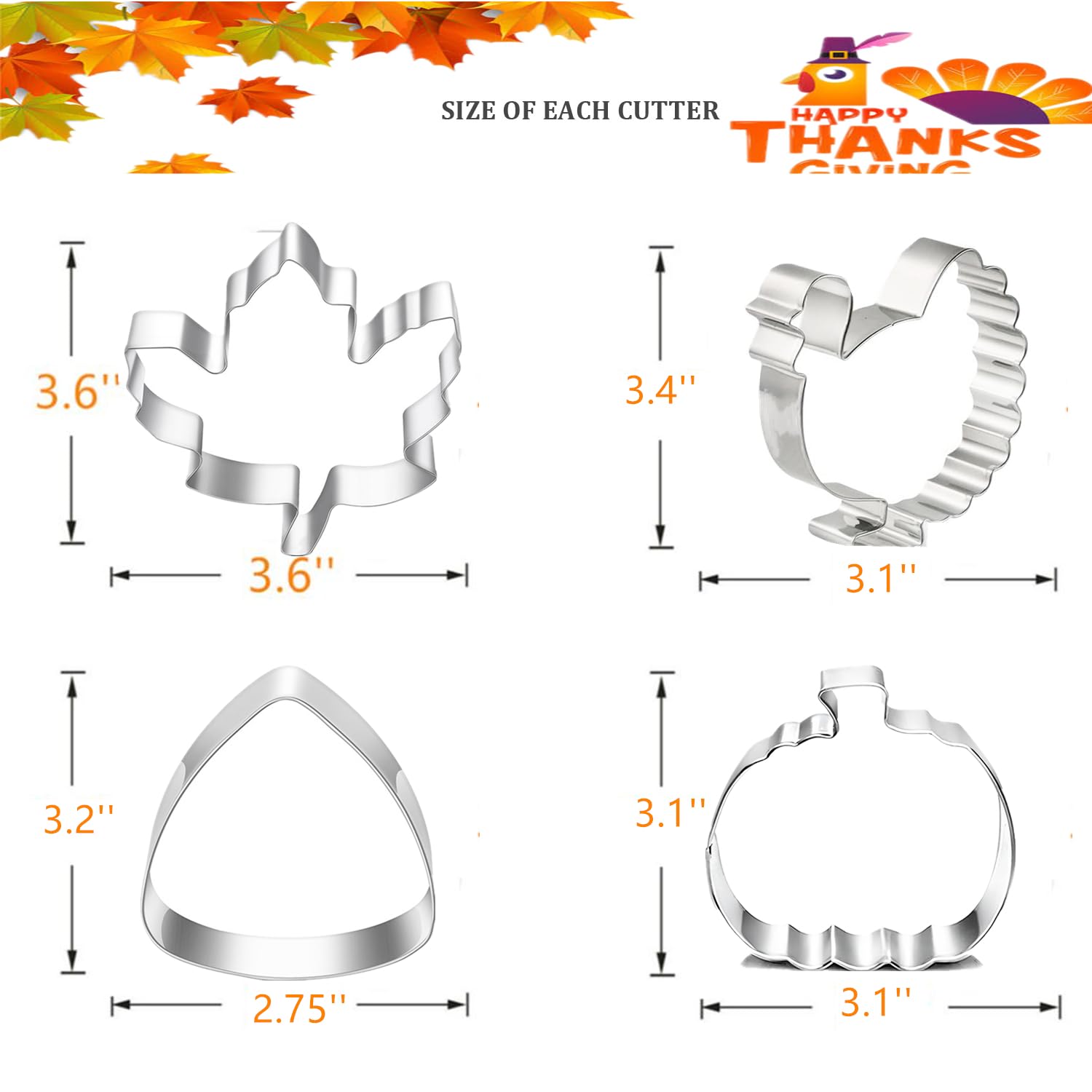 4 Pcs Large Fall Thanksgiving Cookie Cutter Set With Recipe Instructions, Holiday Shapes Of Pumpkin, Maple Leaf, Corn Candy, Tur