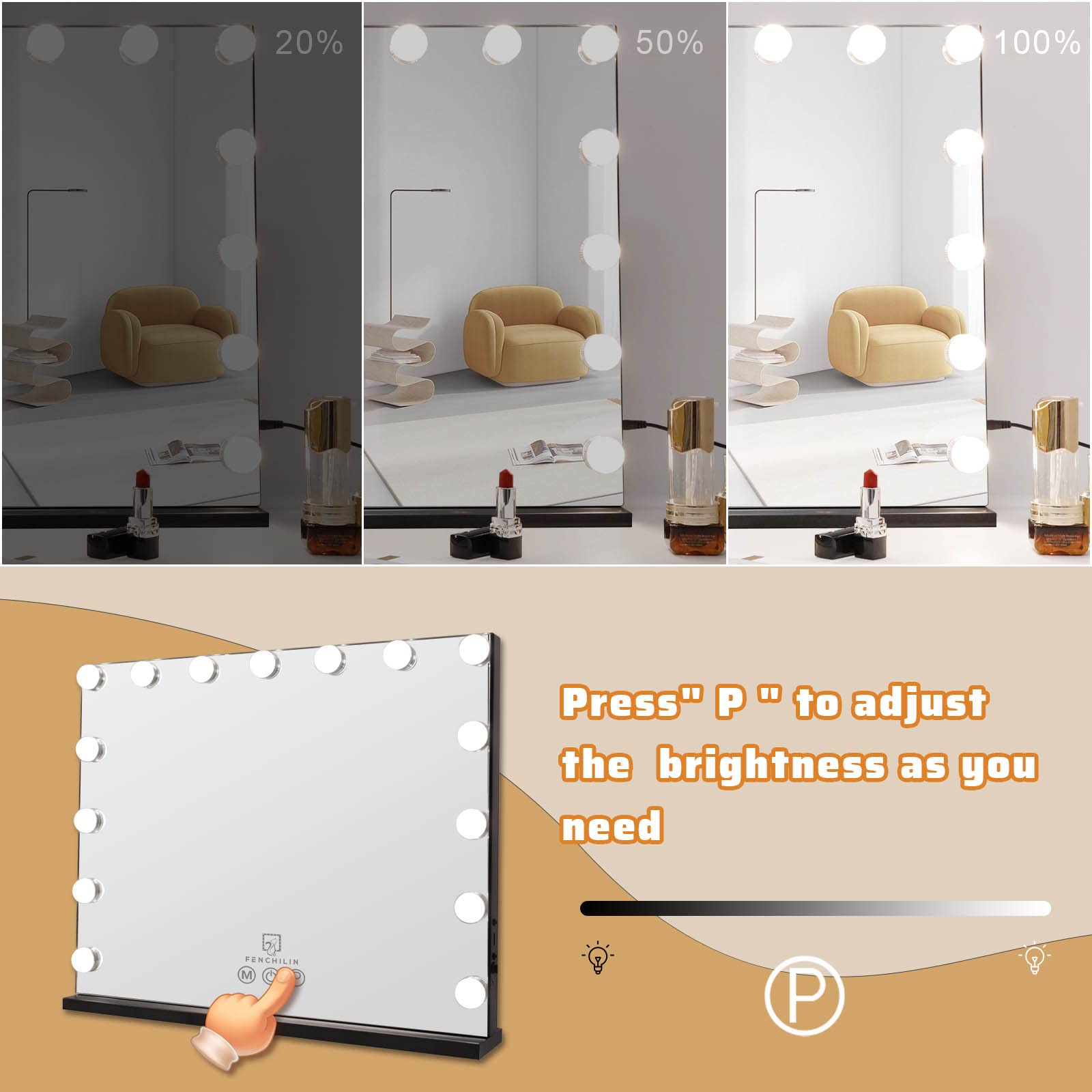 FENCHILIN Vanity Mirror with Lights Hollywood Lighted Mirror with Dimmer Bulbs Tabletop or Wall Mounted Vanity Makeup Mirror Smart Touch Control (Black)