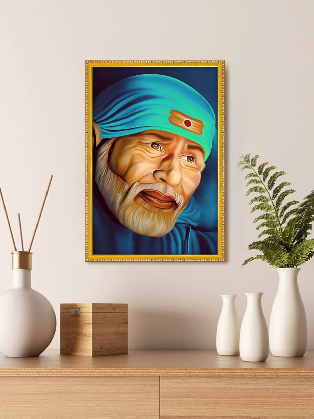 999Store Lord Sai Baba Poster Painting With Framing Photo Frame For Mandir/Temple Sai Baba Poster (Mdf & Fiber_12X8 Inches) God0