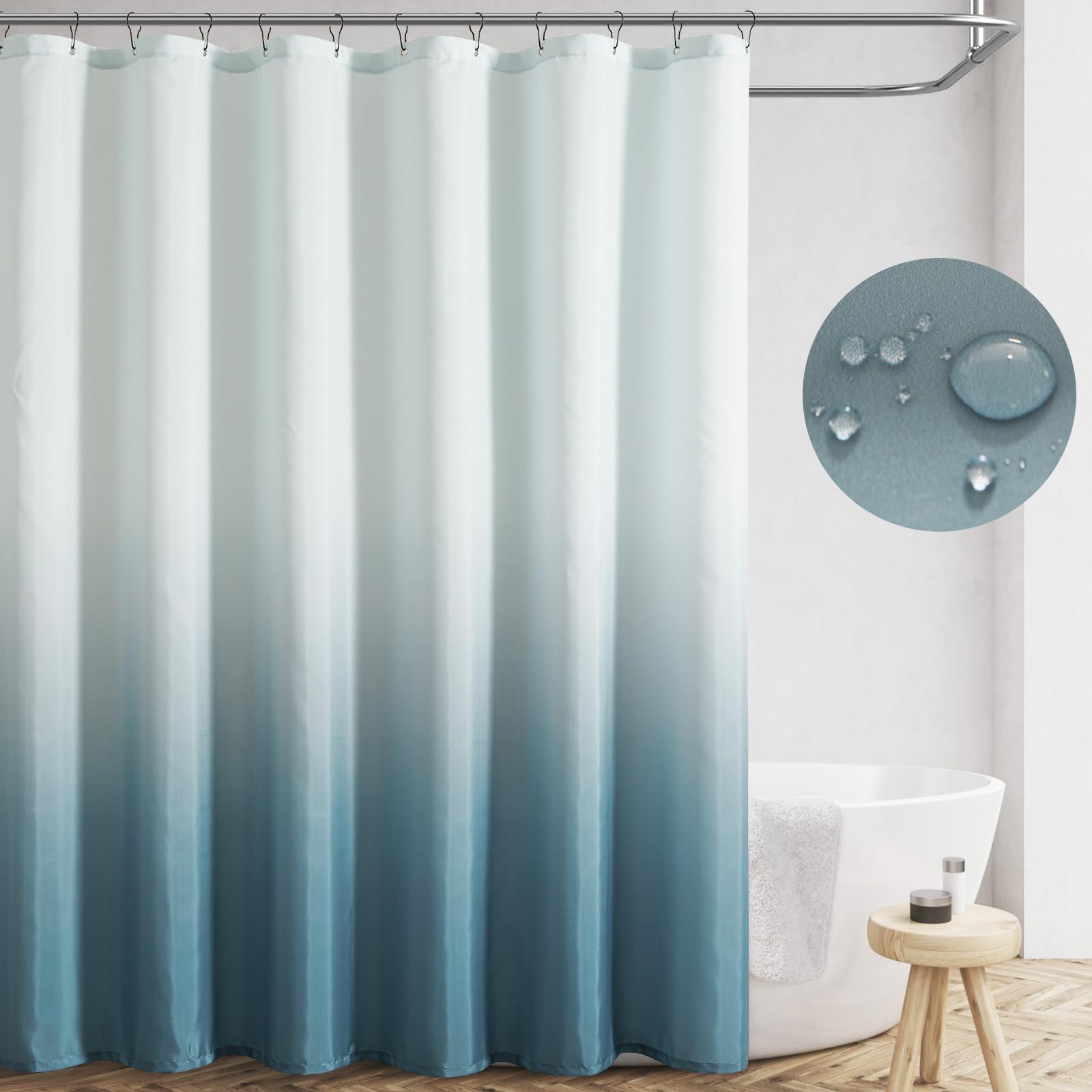 Jinchan Teal Ombre Shower Curtain, Waterproof Fabric Shower Curtains For Bathroom, Modern Gradient Color Shower Curtain Set With