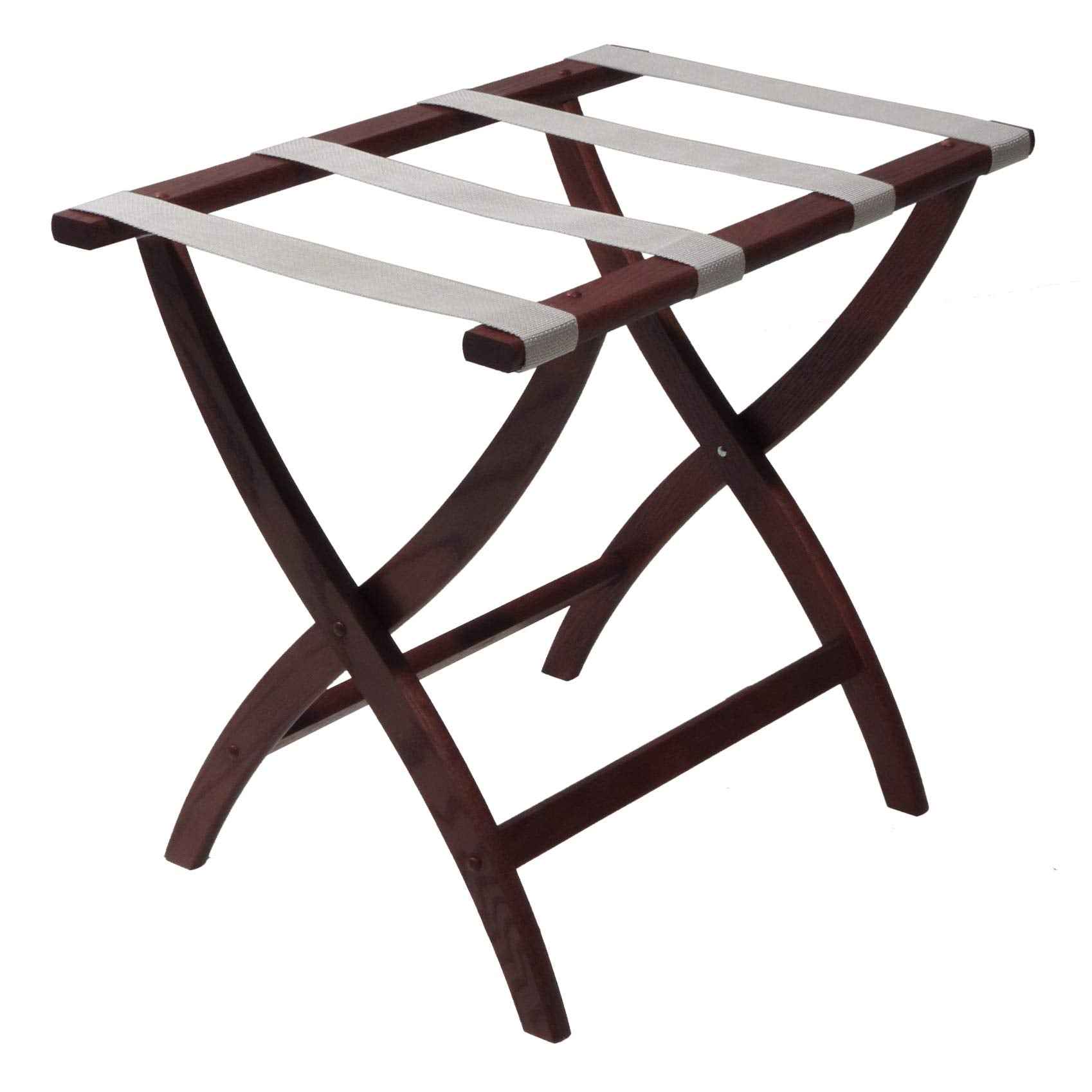 Wooden Mallet Designer Curve Leg Luggage Rack  Silver Straps  Mahogany