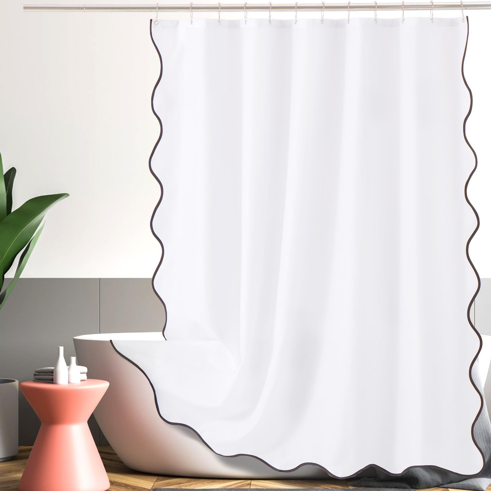 Ortigia White Shower Curtain With Black Scalloped Edge 72 W X 84 H Inch, Cute Boho Preppy Scallop Shower Curtains Aesthetic Wate