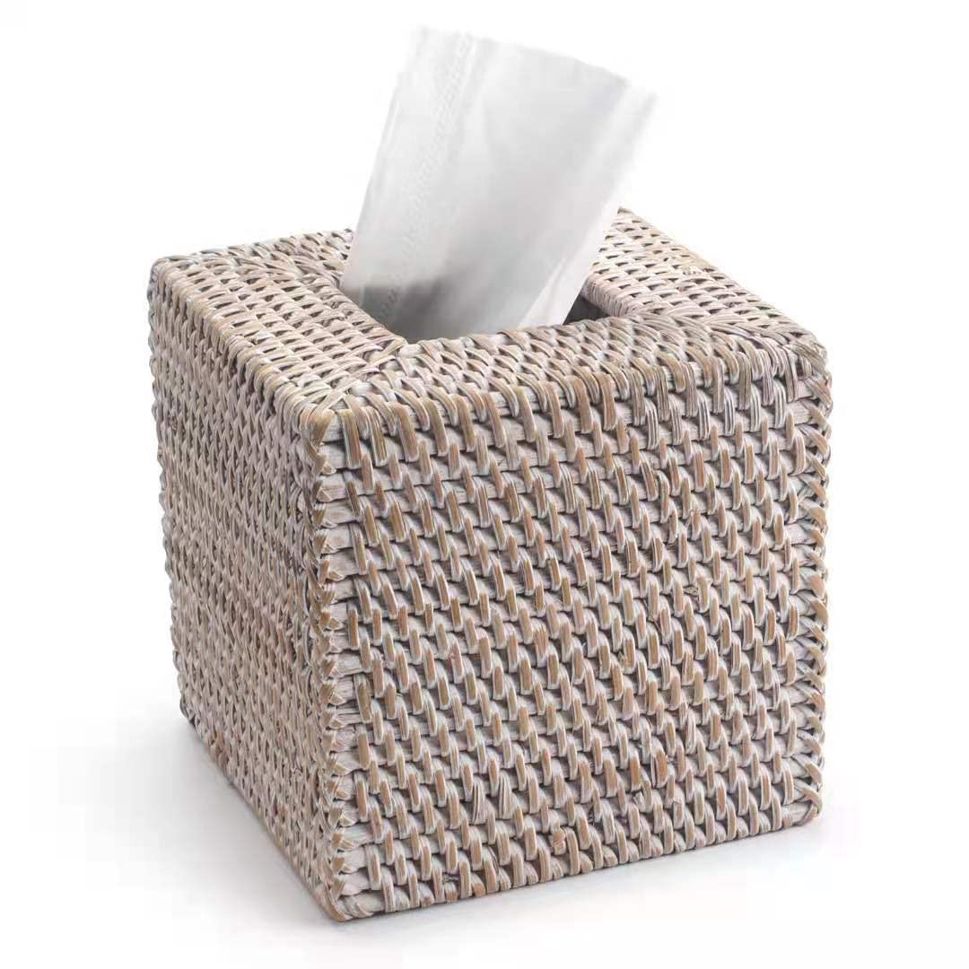 Rattan Tissue Box Cover Square, Hand Woven Wicker Tissue Holder, 5.5 X 5.5 X 5.7 Inch, Whitewash