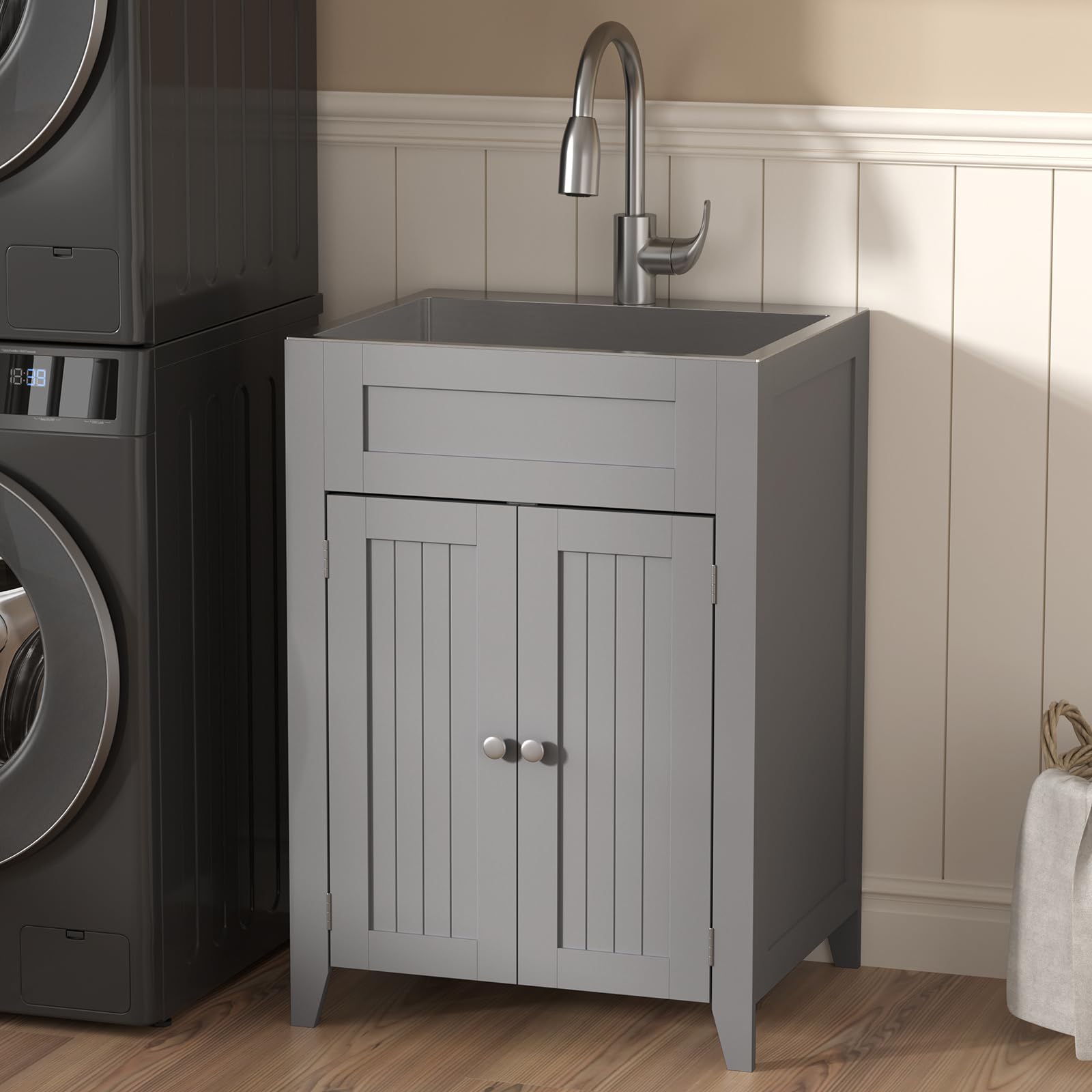 Vingli 24-Inch Laundry Sink With Cabinet And Pull-Out Sprayer Faucet, Stainless Steel Utility Sink With Cabinet, Grey Cabinet Wi