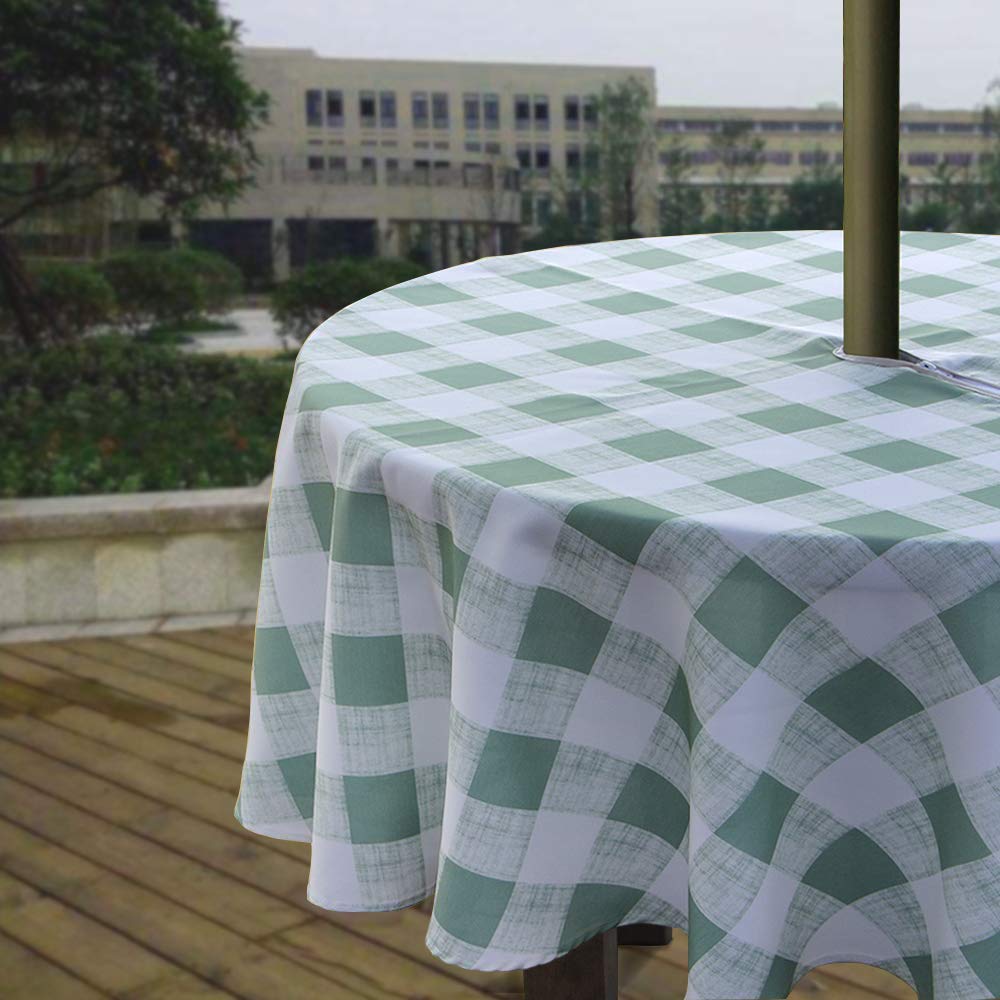 Melaluxe Spring/Summer Wrinkle-Free Waterproof Outdoor Tablecloth with Umbrella Hole and Zipper, Green Checkered, 60 Round-Zippe