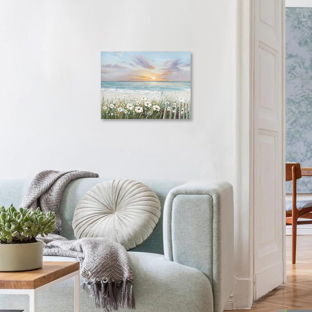 Ocean Sunset Canvas Prints Bathroom Wall Decor Ocean Theme Flower Canvas Wall Art Ocean Beach Sunrise With Blue Sky Beach Pictur