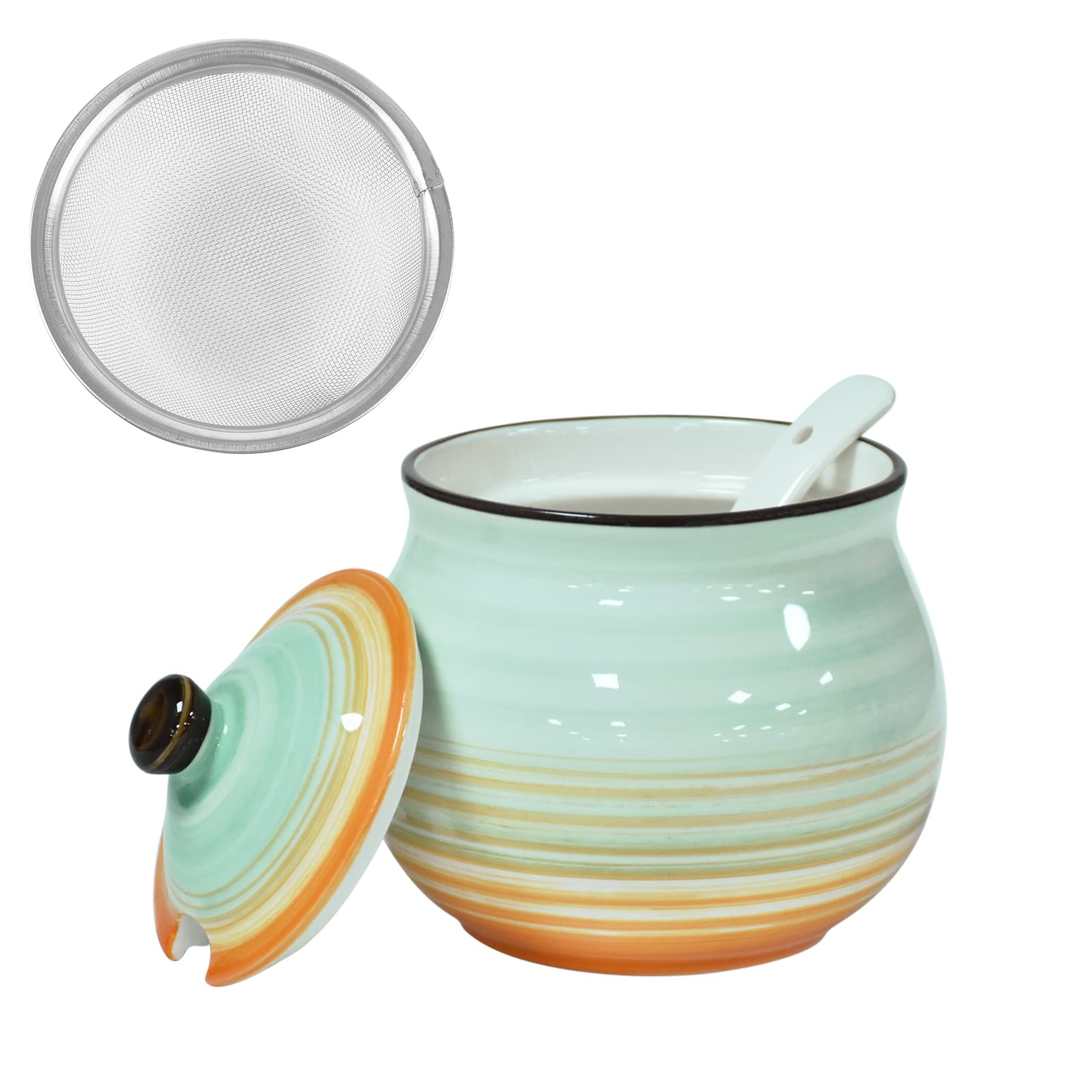 Koythin Ceramic Bacon Grease Container with Strainer, 23oz Cyan Orange