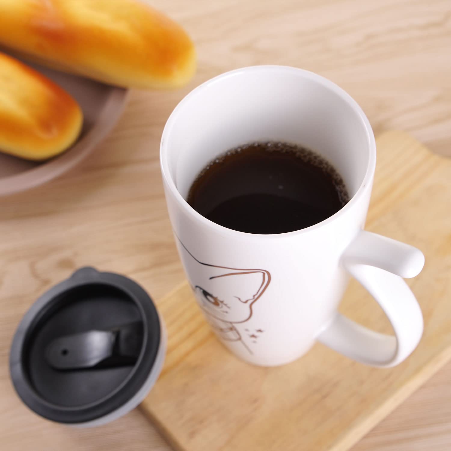 WHJY 20oz Large White Cute Cat Ceramic Coffee Mug with splash-proof lid, Cat Tail Handle, Animal Cat Mug Tumbler